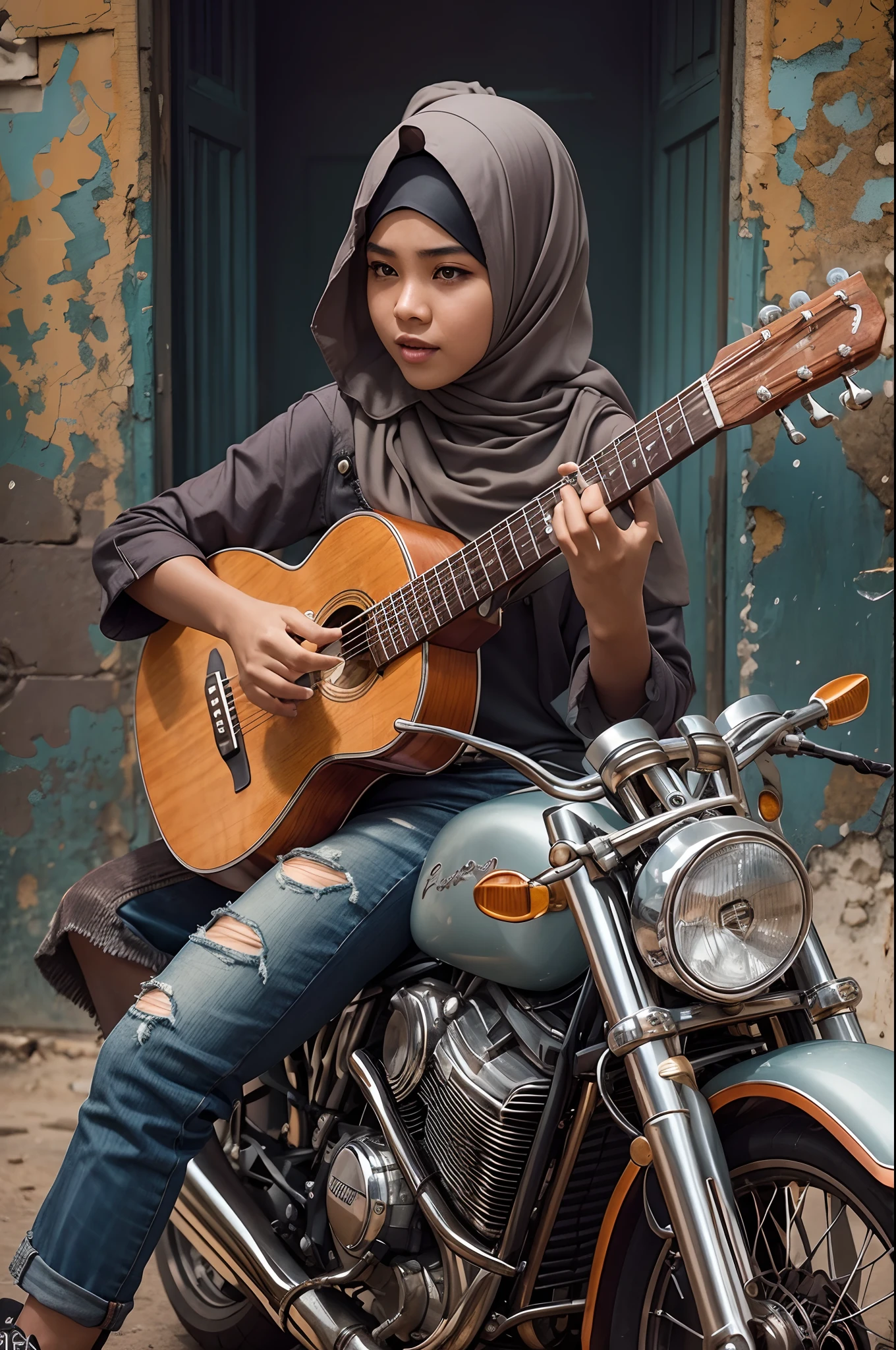 Capture a dynamic portrait of the Malay girl in hijab playing her guitar with fervor, her fingers strumming the strings passionately, while a powerful motorbike stands in the background, symbolizing her rebellious spirit.