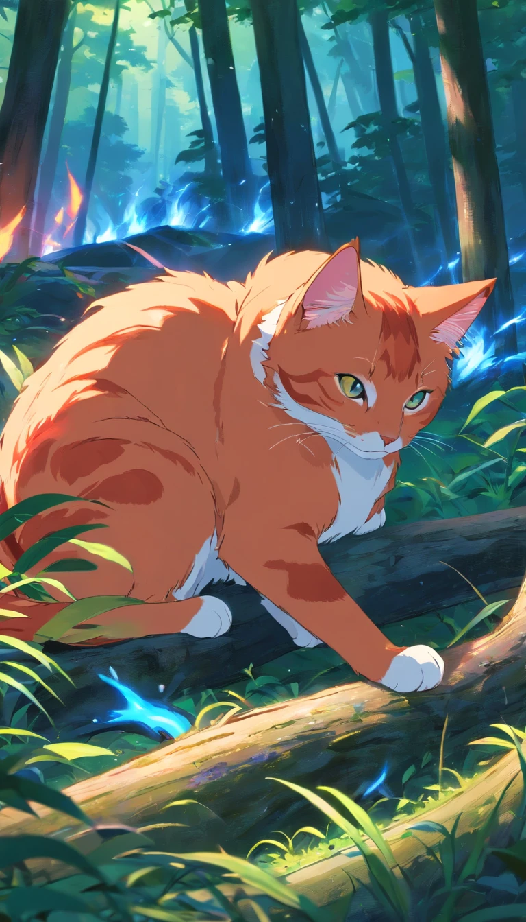 best quality, 8k, a red cat with blue flames on parts of its body lying on a forest, ethereal scene, powerful