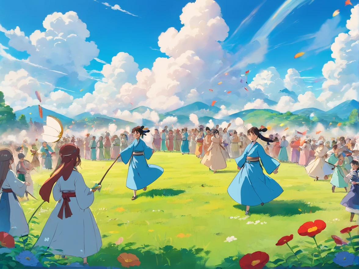 on a field,with blue sky and white clouds,Top angle of view,A lot of people wearing Zhuang costumes,Gather in a circle,Grab a flower cannon in the field, Fireworks Festival,competition winning