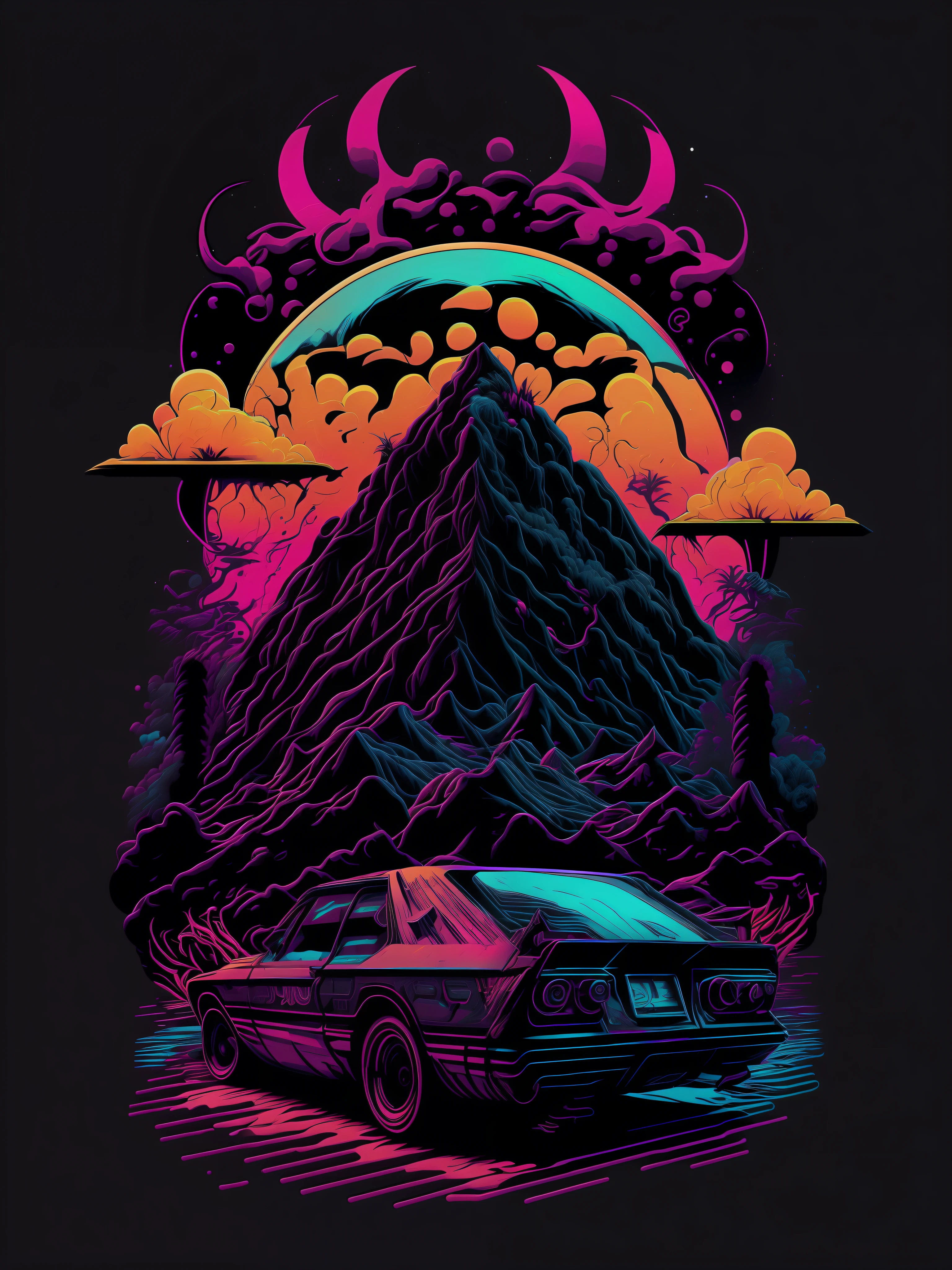 psychadelic, vector image, t-shirt design, isolated, black background, ancient 3D illustration