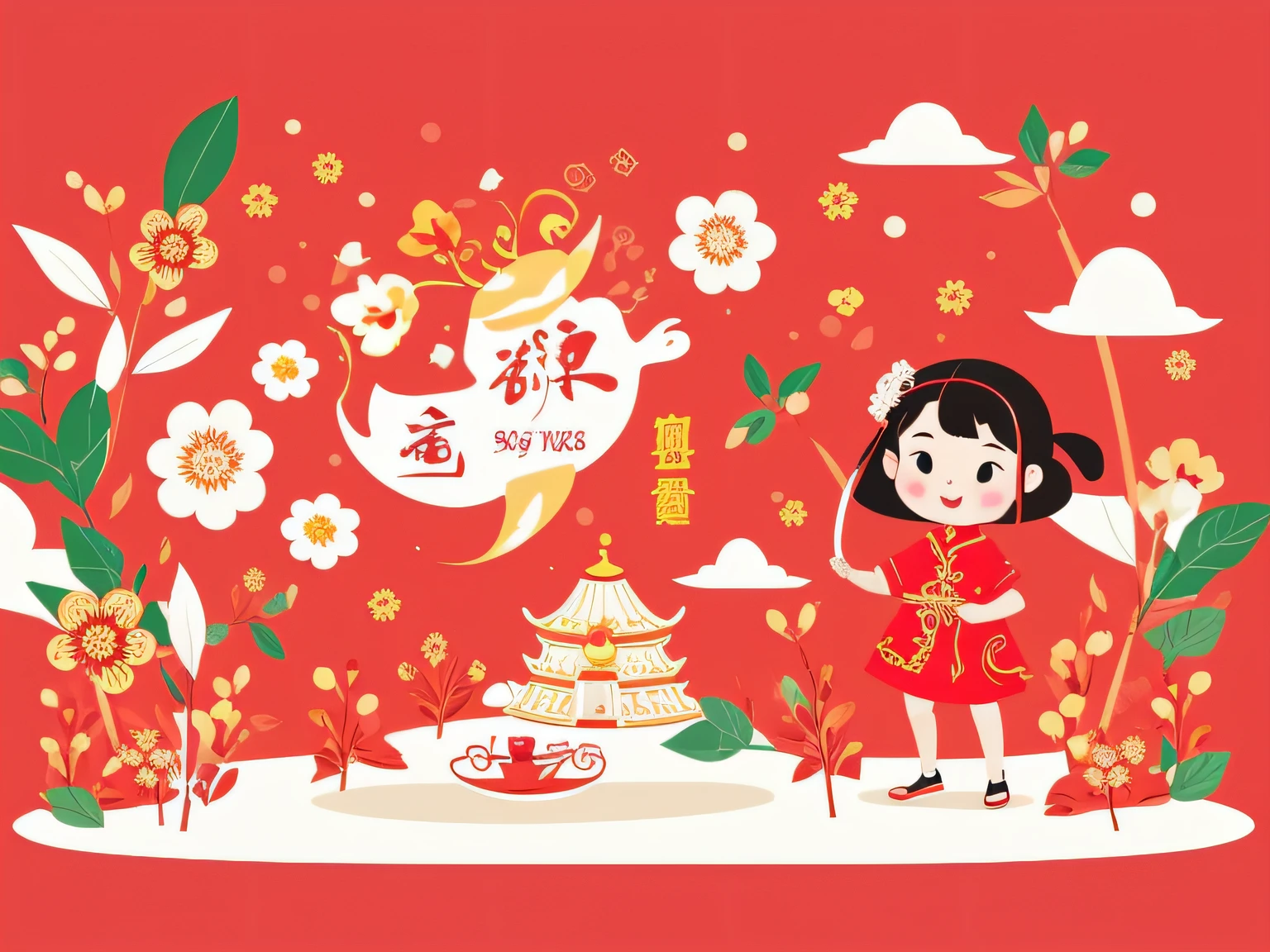 chinese new year wallpaper for instagram, in the style of charming character illustrations, light red and beige, lit kid, referential painting, cranberrycore, raw character, white background