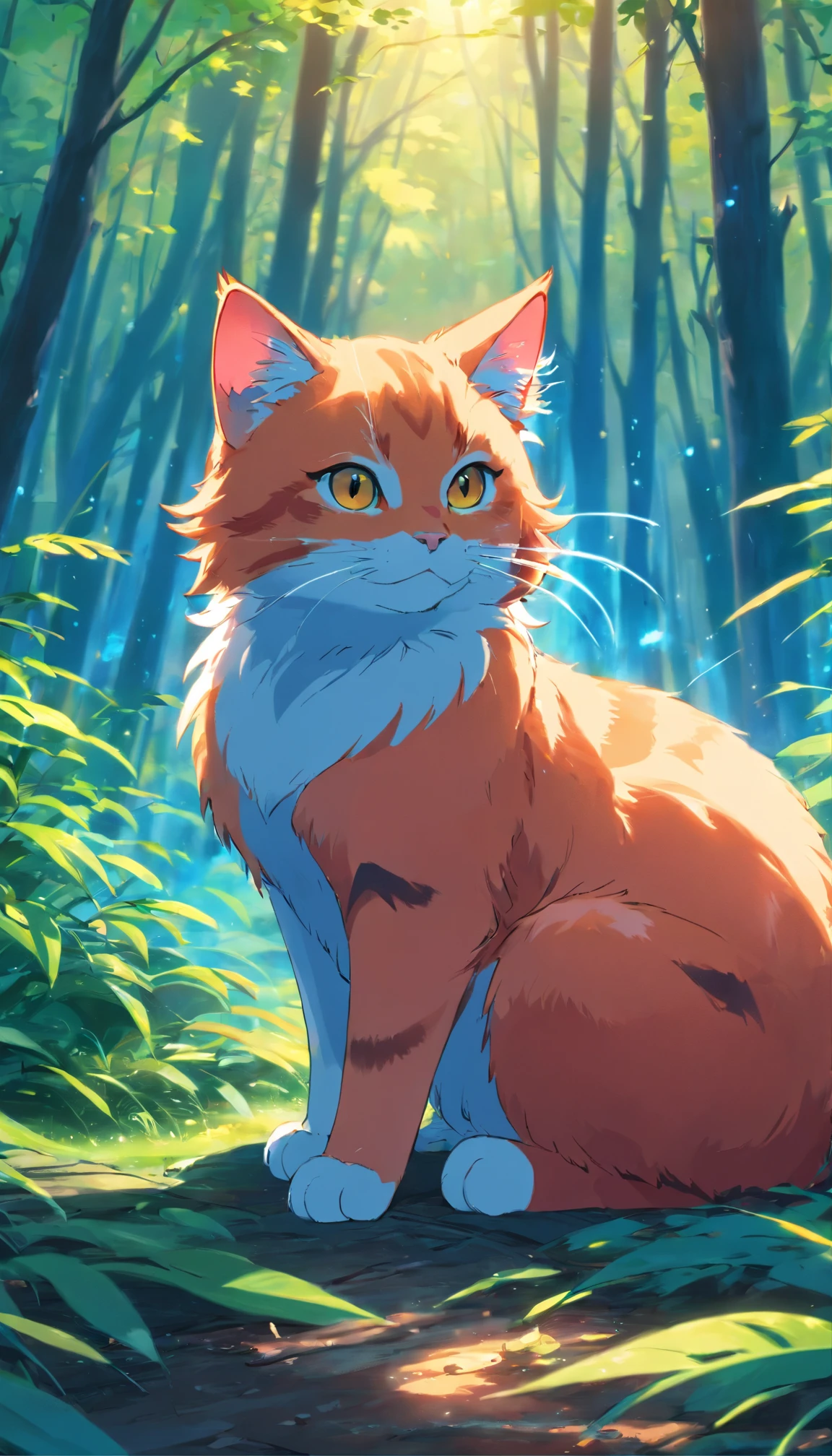 best quality, 8k, a red cat with blue flames on parts of its body lying on a forest, ethereal scene, powerful