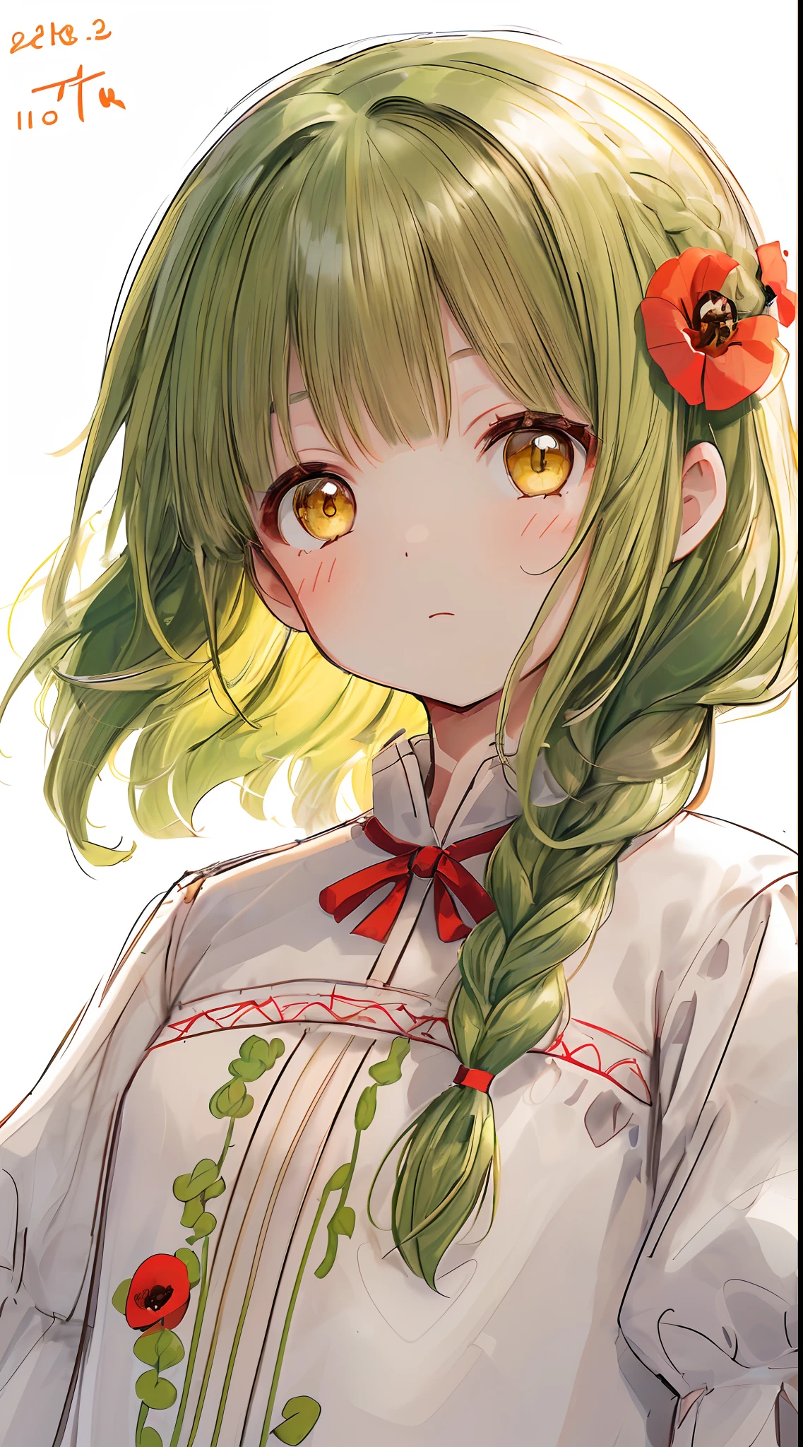 (sketch drawing:1.2), close up, 1girl, (cute), rosy cheeks, (yellow eyes), (green hair), (courly hair), (1braid:0.7), (small braid), cut bangs, 1poppy in hair, (white blouse), (red embroidery blouse), (white background)