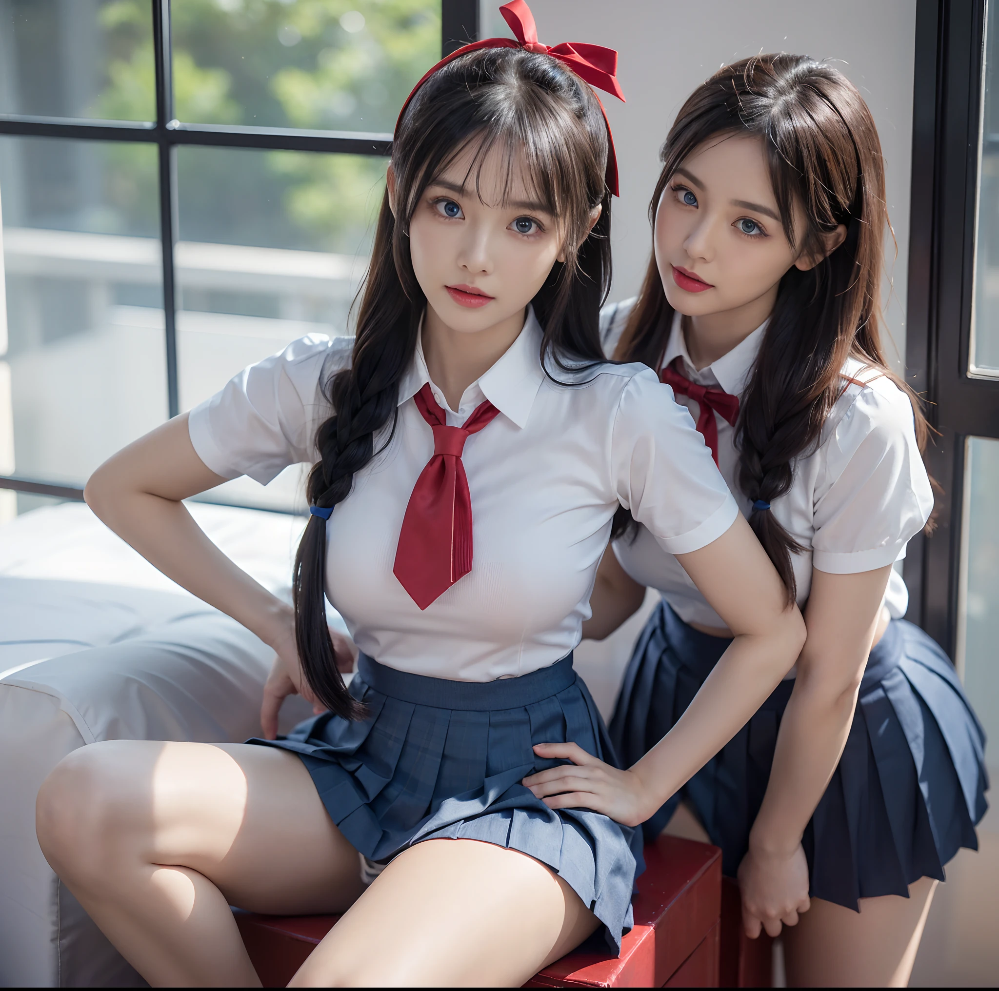 top-quality, masterpiece, (Professional lighting without shadows), A hyper-realistic, Bewitching, perfect anatomia, Two girls, (Proudly stand in front of the camera、Girl showing off ribbon tie, Another girl on the other side、Bend over and stick your butt out towards the camera), ( Huge breasts:1.2), Bright and even whitening skin without wrinkles and steps, (bright beautiful blue eyes with long eyelashes and red tear bags,,,、Reflects a lot of light:1.3)、 Braided half-up hair with bangs, (Her outfit is、Dress up tight fit cramped schoolgirl uniform with super short super mini pleated skirt:1.3), (Proudly showing off a crimson ribbon tie from the front), (Another girl on the other side、To beautifully emphasize the proud ultra mini pleated skirt、Showing off a pose with the buttocks exposed from directly behind:1.2), (Beautiful face squinting in dazzling light:1.2), (ssmile), (Plump red teardrop bag:1.2)