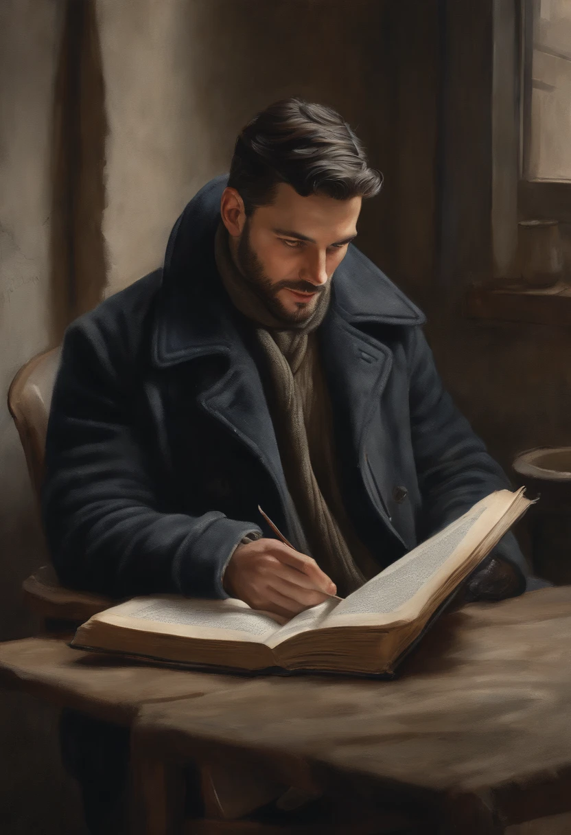 "A man with a curious smile reading a poster, he has very short black hair. He holds a book and faces the camera. He is wearing winter clothing. (best quality, 4k, highres, masterpiece:1.2), watercolor, art season trend, sharp focus, studio photography, complex details, Greg Rutkowski's extremely detailed description" 8k real