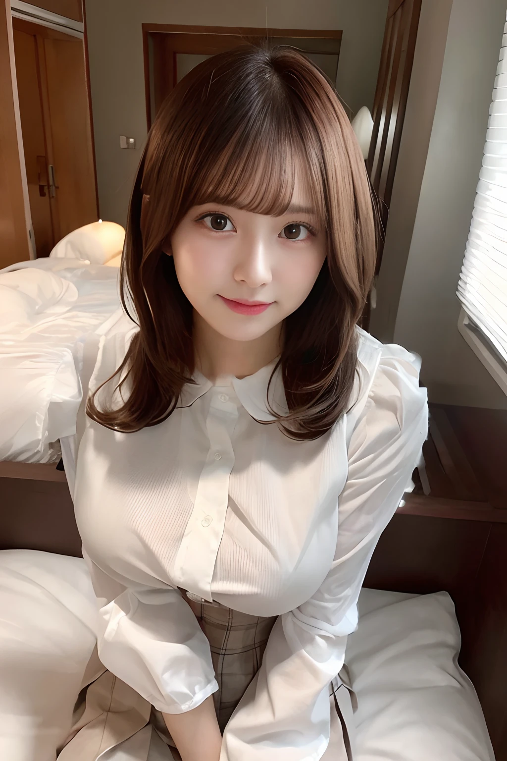 huge tit g-cup Beautiful breasts Wearing a white blouse with a collar and long sleeves The crotch is wearing a brown checked pleated skirt