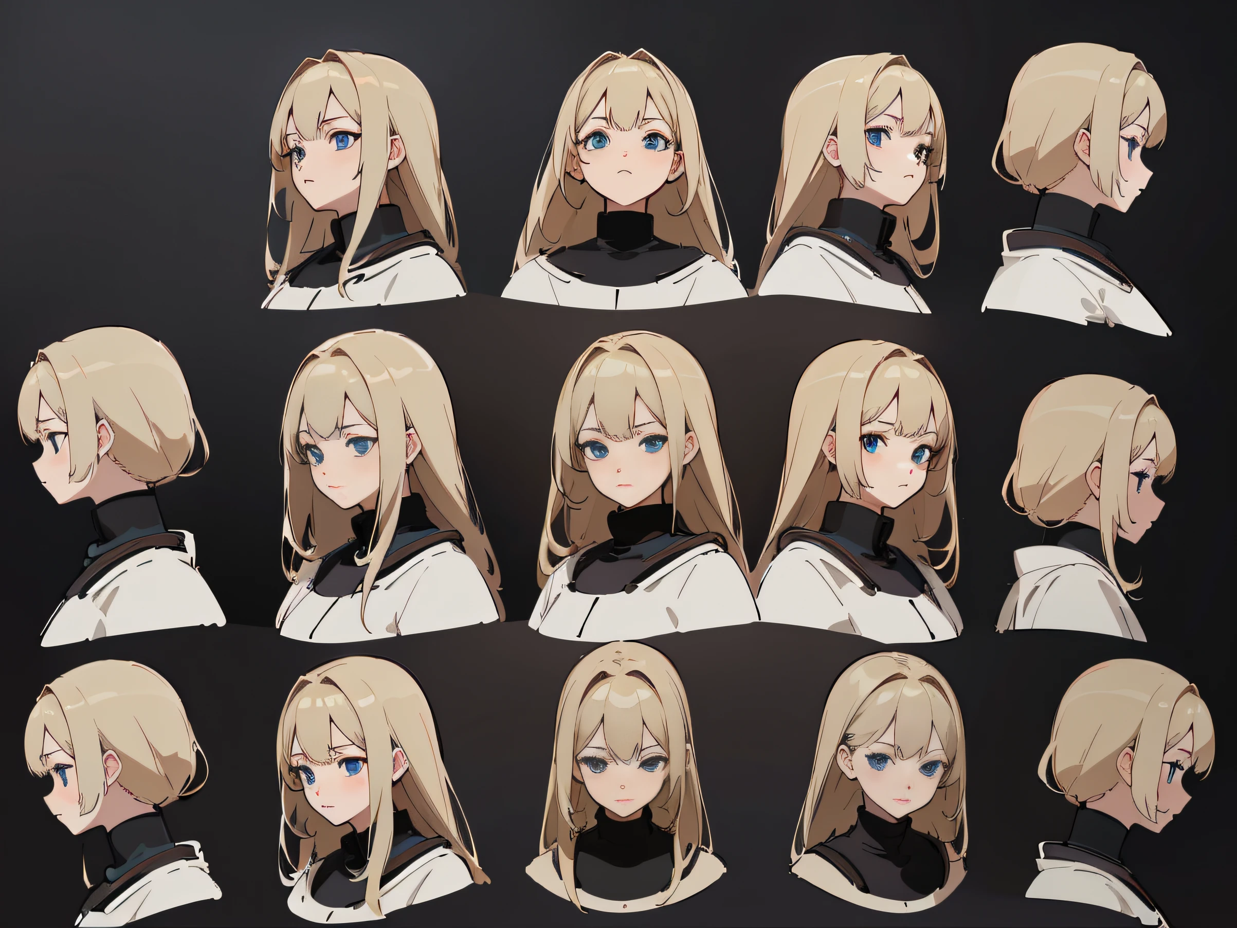 (best quality,4k,highres,masterpiece:1.2),ultra-detailed,realistic:1.37, (((character design reference sheet))), concept art, Anime girl, blonde, blue eyes, Illustration, ((((Black background:1.2))))