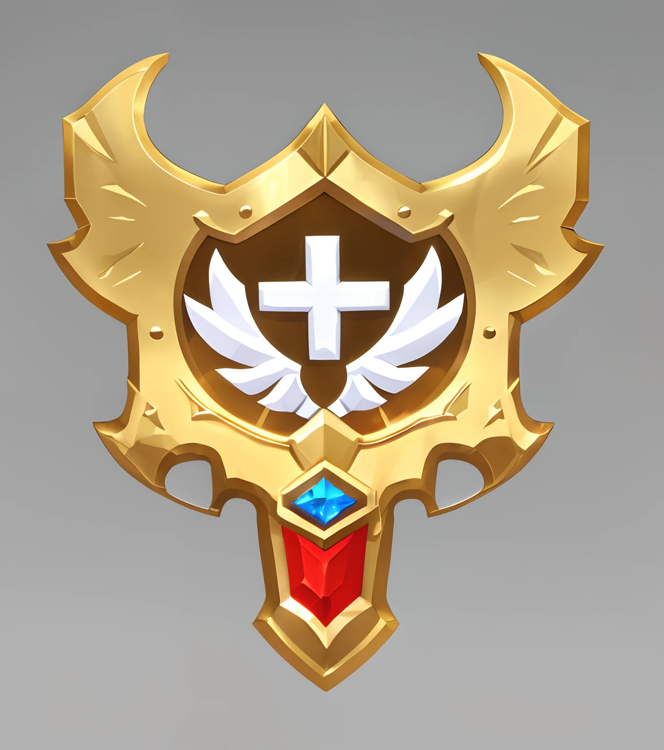 Close-up of a golden shield with a cross, game icon stylized, 3 d icon for mobile game, game icon asset, league of legends champion, emblem of wisdom, heartstone original art style, fantasy shield, game assets, holy armor, shield emblem, game asset of fighters, shield design, holy paladin, style of league of legends