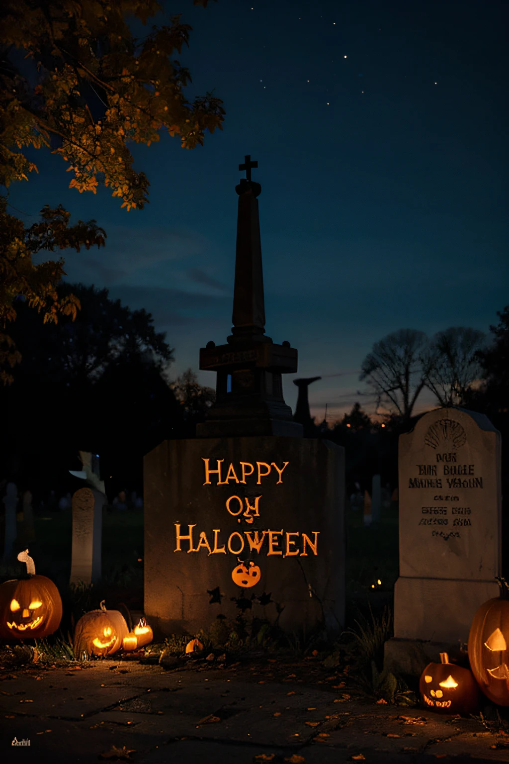 there is a happy halloween poster, old cemetery and bad pumpkin