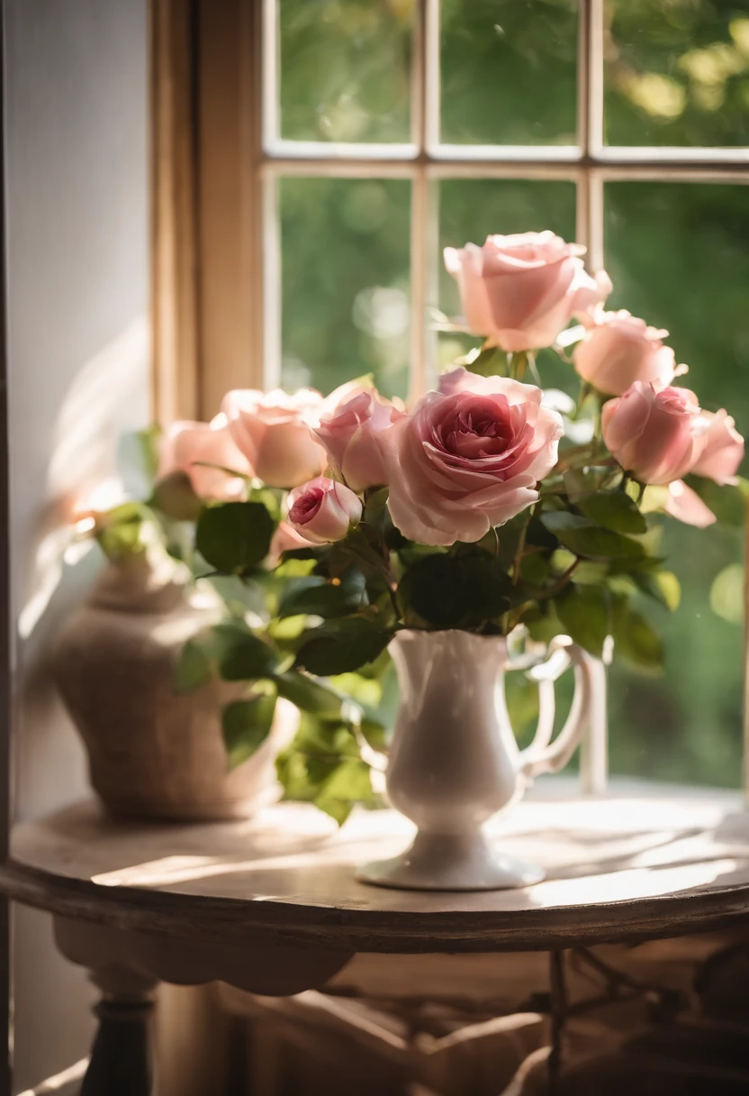 On the chair in front of the window was a vase, Inside the vase are pink roses,summer morning light, cottagecore!!, cottagecore, roses in cinematic light, Afternoon light, afternoon sunlight, at summer afternoon, late afternoon sun, Soft morning light, Early morning light, afternoon lighting, soft light from the window, author:Pamela Aschelson, Rustic setting