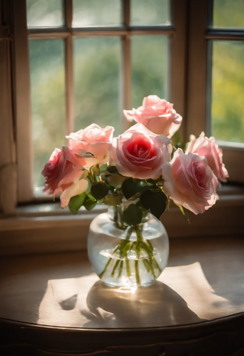 On the chair in front of the window was a vase, Inside the vase are pink roses,summer morning light, cottagecore!!, cottagecore, roses in cinematic light, Afternoon light, afternoon sunlight, at summer afternoon, late afternoon sun, Soft morning light, Early morning light, afternoon lighting, soft light from the window, author:Pamela Aschelson, Rustic setting