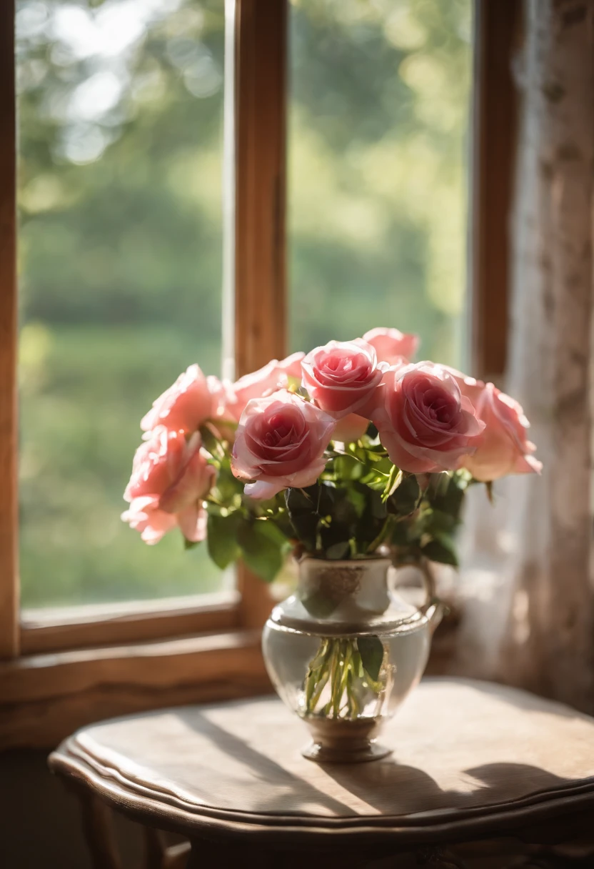 On the chair in front of the window was a vase, Inside the vase are pink roses,summer morning light, cottagecore!!, cottagecore, roses in cinematic light, Afternoon light, afternoon sunlight, at summer afternoon, late afternoon sun, Soft morning light, Early morning light, afternoon lighting, soft light from the window, author:Pamela Aschelson, Rustic setting