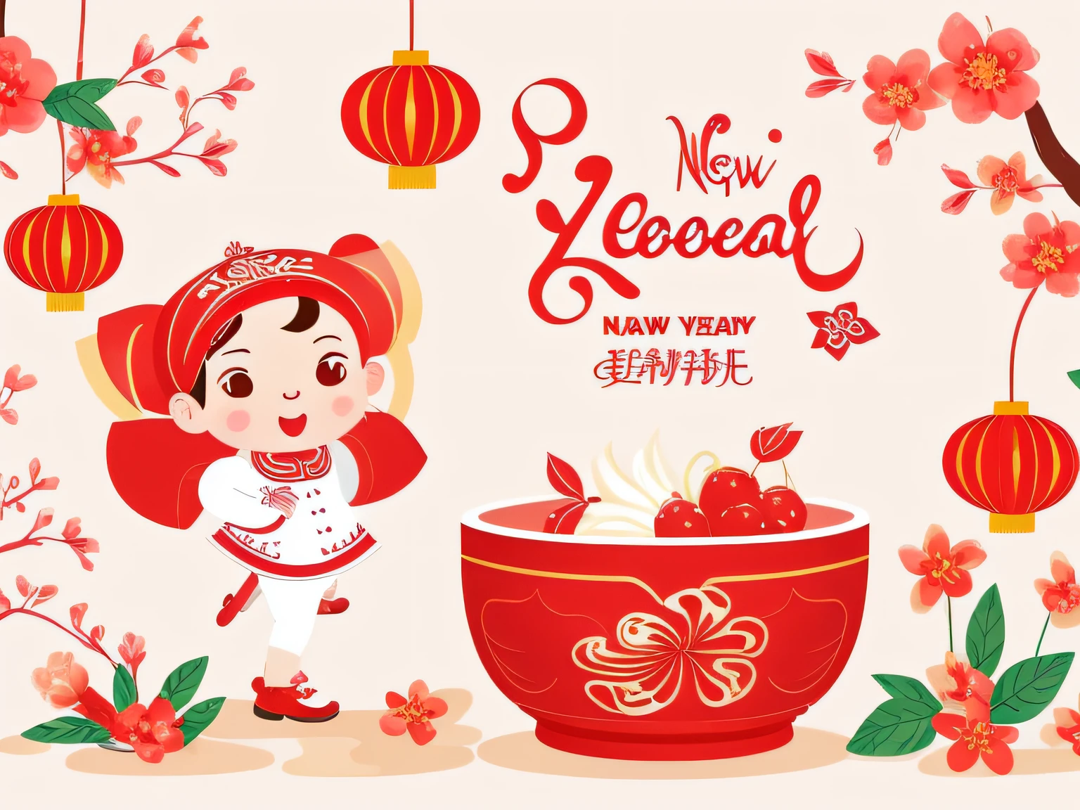 chinese new year wallpaper for instagram, in the style of charming character illustrations, light red and beige, lit ???, referential painting, cranberrycore, raw character, white background