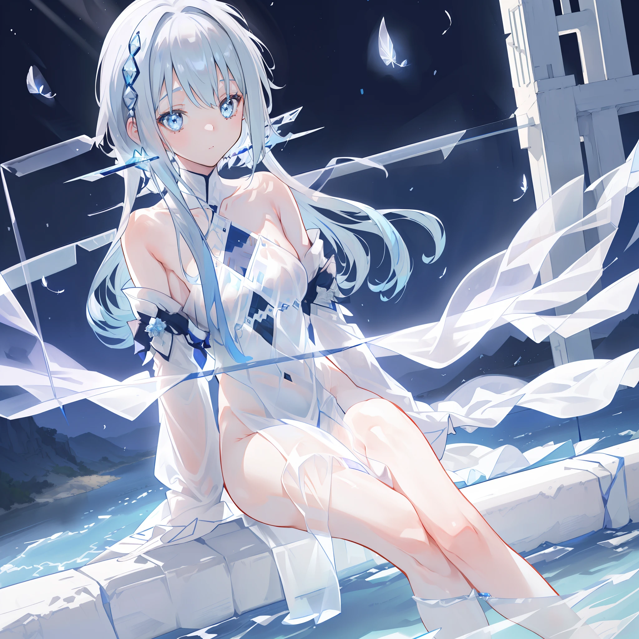 An anime teen girl, (((sitting on a river)), cinematic light, slim body with curves, skin is perfectly white, soft, (medium breasts), smooth, ((no nsfw)), Extremely delicate and beautiful CG illustration, best quality, high resolution, dynamic angle, full-length lens, (1 girl), floating, soft light, high-key lighting), glowing light, blue halo, feathers fluttering background, blue crystal, (((wearing a ((transparent: 1.7)) silk covering the ((entire body of the girl: 1.9)))))