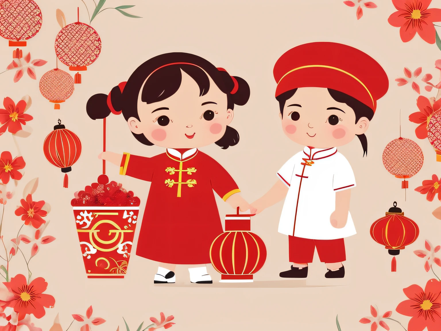 chinese new year wallpaper for instagram, in the style of charming character illustrations, light red and beige, lit kid, referential painting, cranberrycore, raw character, white background