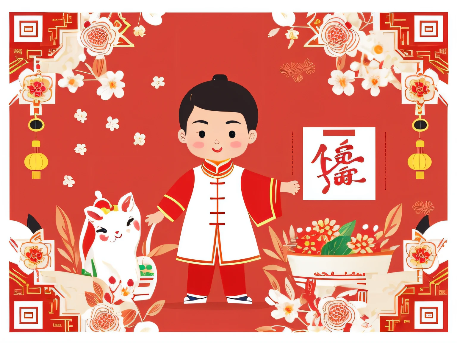 chinese new year wallpaper for instagram, in the style of charming character illustrations, light red and beige, lit kid, referential painting, cranberrycore, raw character, white background