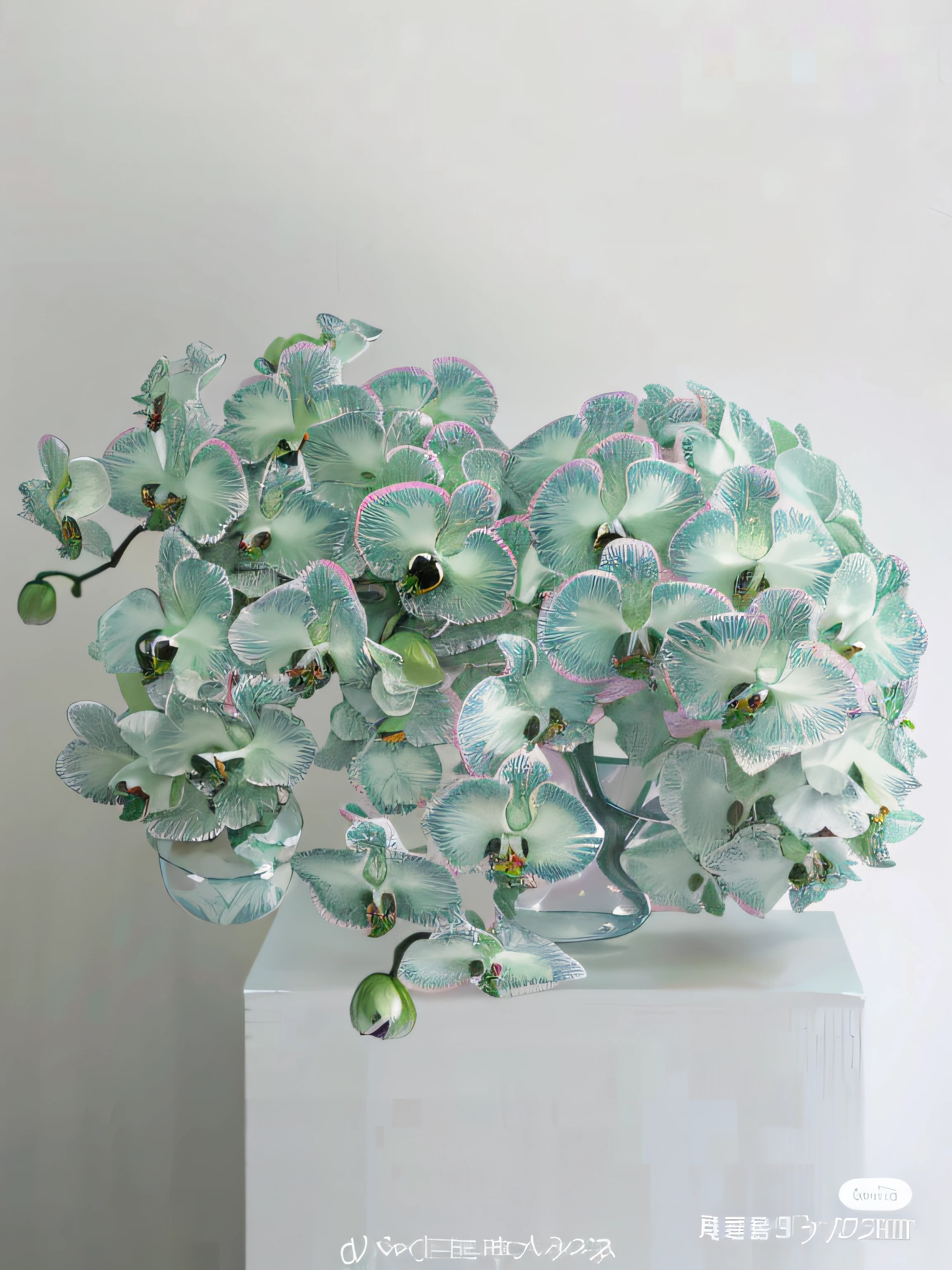 There is a vase,There is a bouquet of flowers inside, Many origami orchids, realistic glass sculpture, Moth orchid, orchid made of mother of pearl, Kim Hyun-joo, eiko ishioka, naoya tanaka, an orchid flower, large opaque blossoms, 3D giant orchid, orchid, Orchid stem, in a short round glass vase, hyper realisitc,Ultra-clear image quality,Photographic pictures,8k