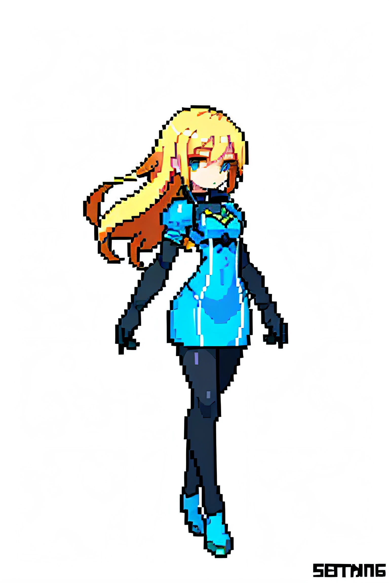 (tmasterpiece,top-quality,best qualityer),pix,pixelart,Royal Sister,Charming,teens girl,full bodyesbian,tightsuit,skin-tight short-pants,Blackn clothes,blackstockings,Modern dress,pale-blonde hair,The wind blows long hair,icemage,Surrounded by ice,Magic wand in hand,It has a refined pixel style,It belongs to the game character design,The background color quality is relatively high,There are draft designs on the front and sides of the drawing