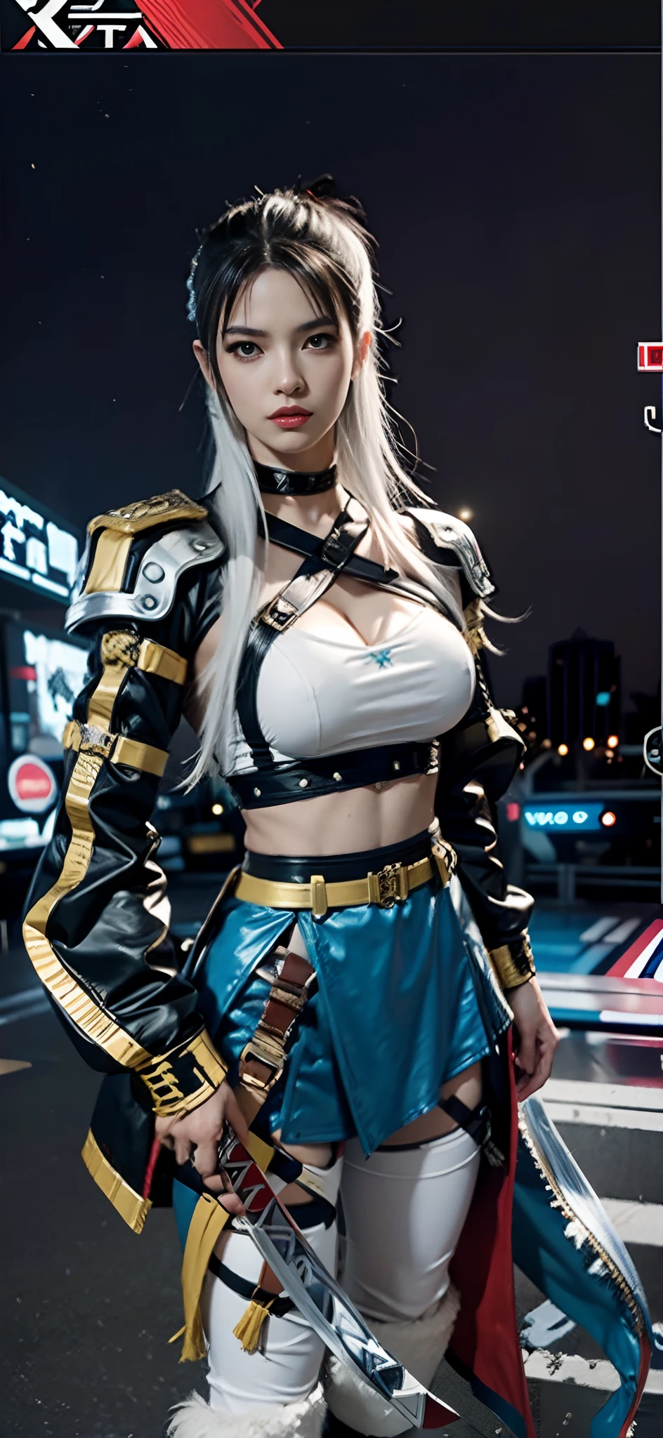 a close up of a person in a costume with a sword, as a character in tekken, female character, tifa lockhart with white hair, katana zero video game character, lunar themed attire, kda, slim body, cyborg - girl with silver hair, upper body avatar, fashion gameplay screenshot, fighting game character, new character, floralpunk elysian maiden, sigma female