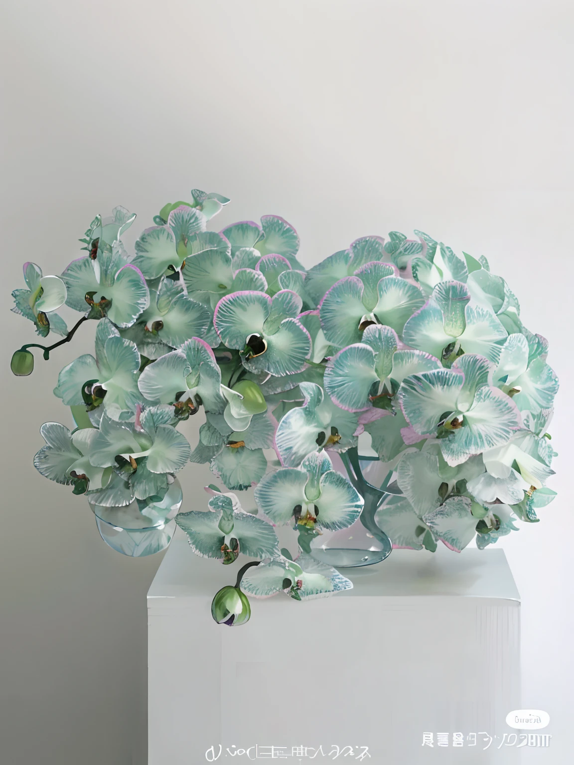 There is a vase,There is a bouquet of flowers inside, Many origami orchids, realistic glass sculpture, Moth orchid, orchid made of mother of pearl, Kim Hyun-joo, eiko ishioka, naoya tanaka, an orchid flower, large opaque blossoms, 3D giant orchid, orchid, Orchid stem, in a short round glass vase, hyper realisitc,Ultra-clear image quality,Photographic pictures,8k