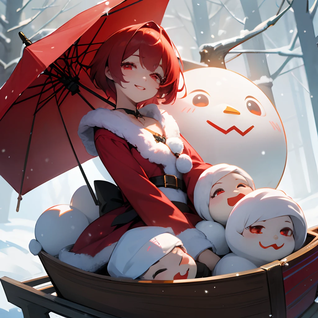 (masuter piece)、(Best Quality:1.0)(超A high resolution:1.0)masterpiece、top-quality、hight resolution、ultra-detailliert、Anime Pictures、Game Images、1 beautiful woman、kawaii、Beautiful fece、The upper part of the body、big eye、Red Eyes、Looking at this、The best smile、grin、Thicker lips、red lipsticks、、Red hair、short-cut、santa claus、Have a gift、It's snowing、Snowflake、Riding a sled、Lots of snowmen、Christmas tree