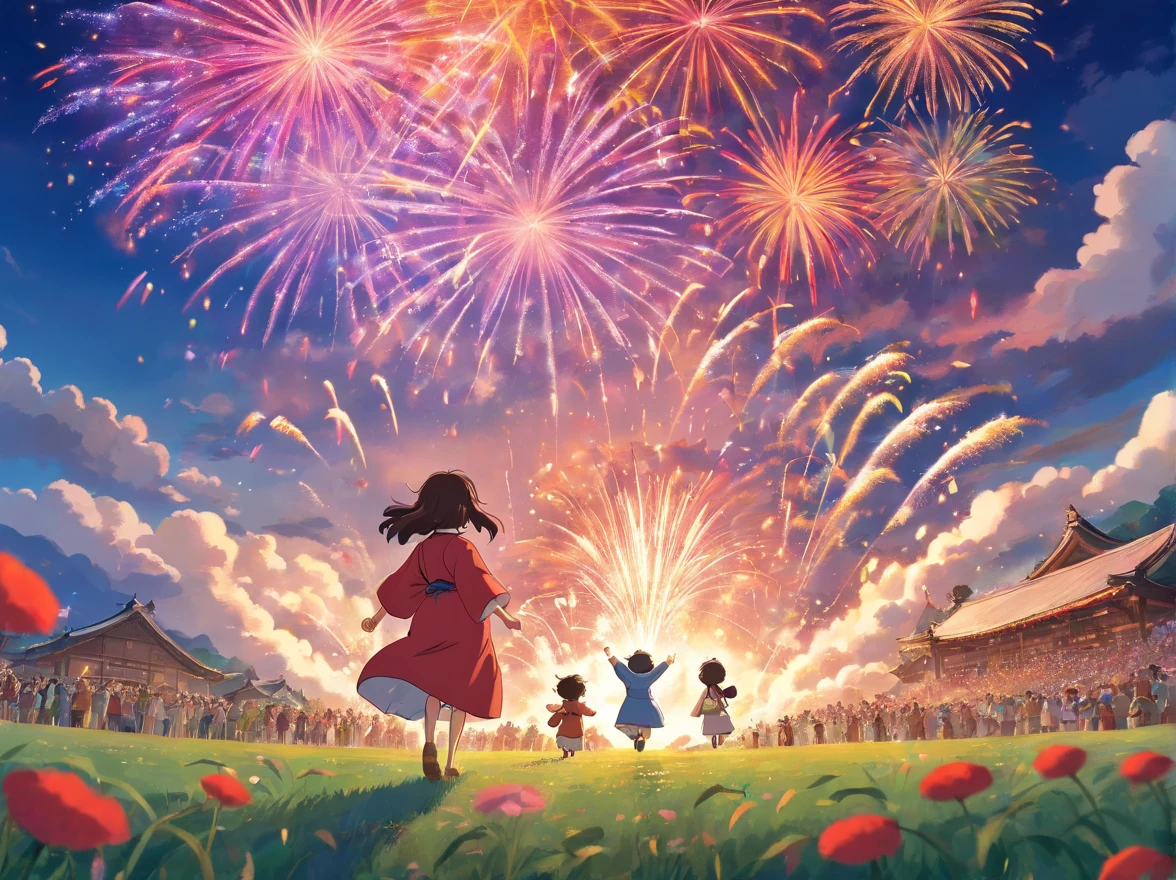 on a field,with blue sky and white clouds,Top angle of view,A lot of people wearing Zhuang costumes,Gather in a circle,15-year-old boy in red Zhuang costume(Positive perspective,rejoice)Stand in the middle of the crowd,Jump on both feet,Grab the fireworks with your right hand held high。Grab a flower cannon in the field, Host an event,Fireworks Festival