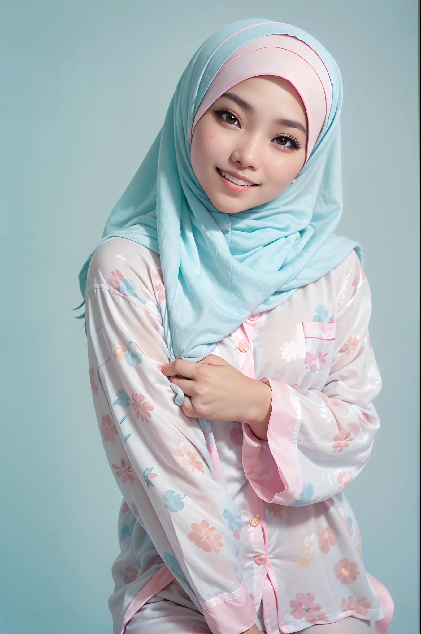 Malay girl in hijab wearing sexy pastel color pajamas portrait photography, mid shot photo, ultra detail, professional photograph with professional lighting, smile, light blue studio background, sexy seducing pose,