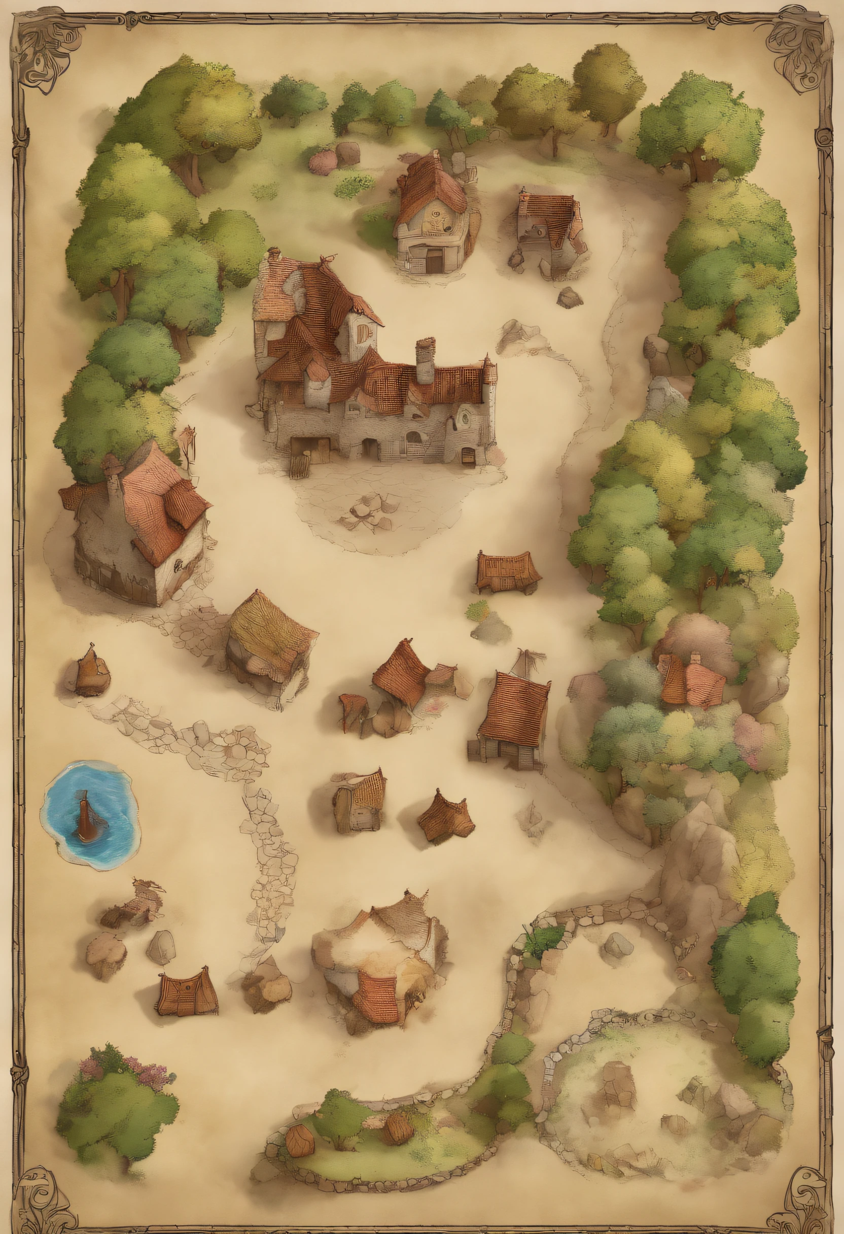Tiro de cima para baixo de um drone, mapa de batalha vilarejo pequeno, casas humildes, lojas de armas, taverna, igreja, Square in the center, bem iluminada, Dungeons and Dragons, Final Fantasy, arte do jogo, (arquitetura e interiores coerentes, with realistic proportions and textures, detalhes intrincados, Hand drawn, vibrante, Cinematic lighting, master part, 8k)
