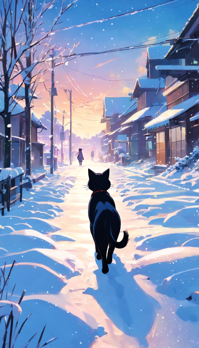 ((Black cat walking in the snow))