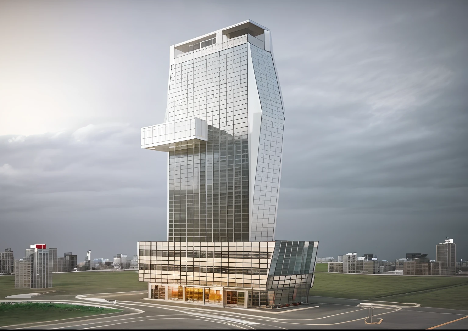 perspective view, full - length view, full-length view, elevation view, the building is a skyscraper, perspective view, front-view, mid-view, sharp hd rendering, elevation view, front perspective, ground level view, building facing, single building, multistory building, ground - level view, ground-level view, front - facing perspective, office building, isometric perspective view, modern, realistic, natural lighting, octane render, crisp and straight details.