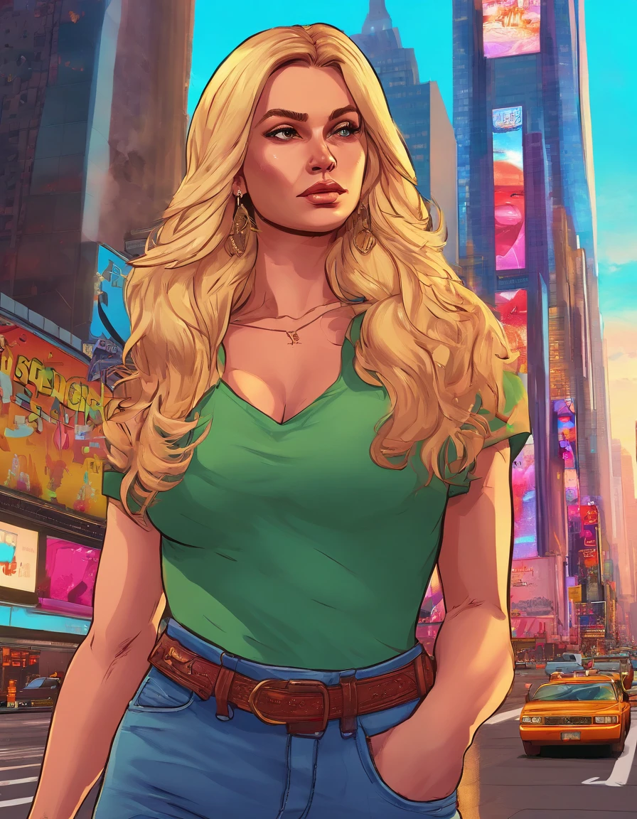 A russian woman blonde long hair walk on time square new york,sunset lighting,detailed,(masterpiece,1,4),8k resolution, proporsional,long shot,cloud on sky is beautiful