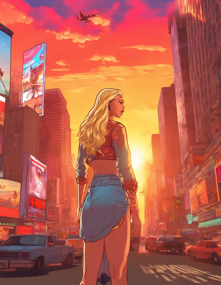 A russian woman blonde long hair walk on time square new york,sunset lighting,detailed,(masterpiece,1,4),8k resolution, proporsional,long shot,cloud on sky is beautiful