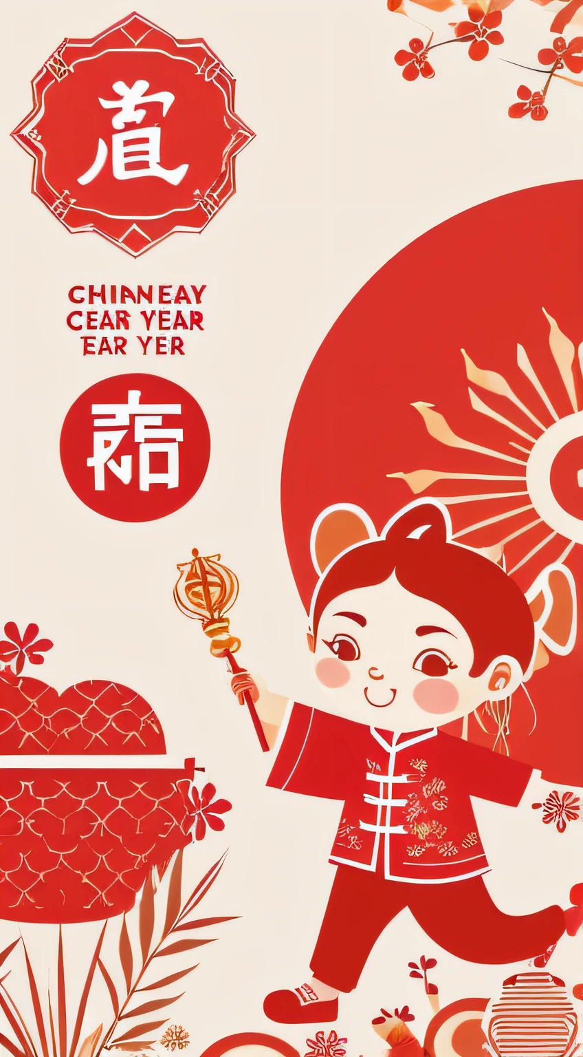 chinese new year wallpaper for instagram, in the style of charming character illustrations, light red and beige, lit kid, referential painting, cranberrycore, raw character, white background