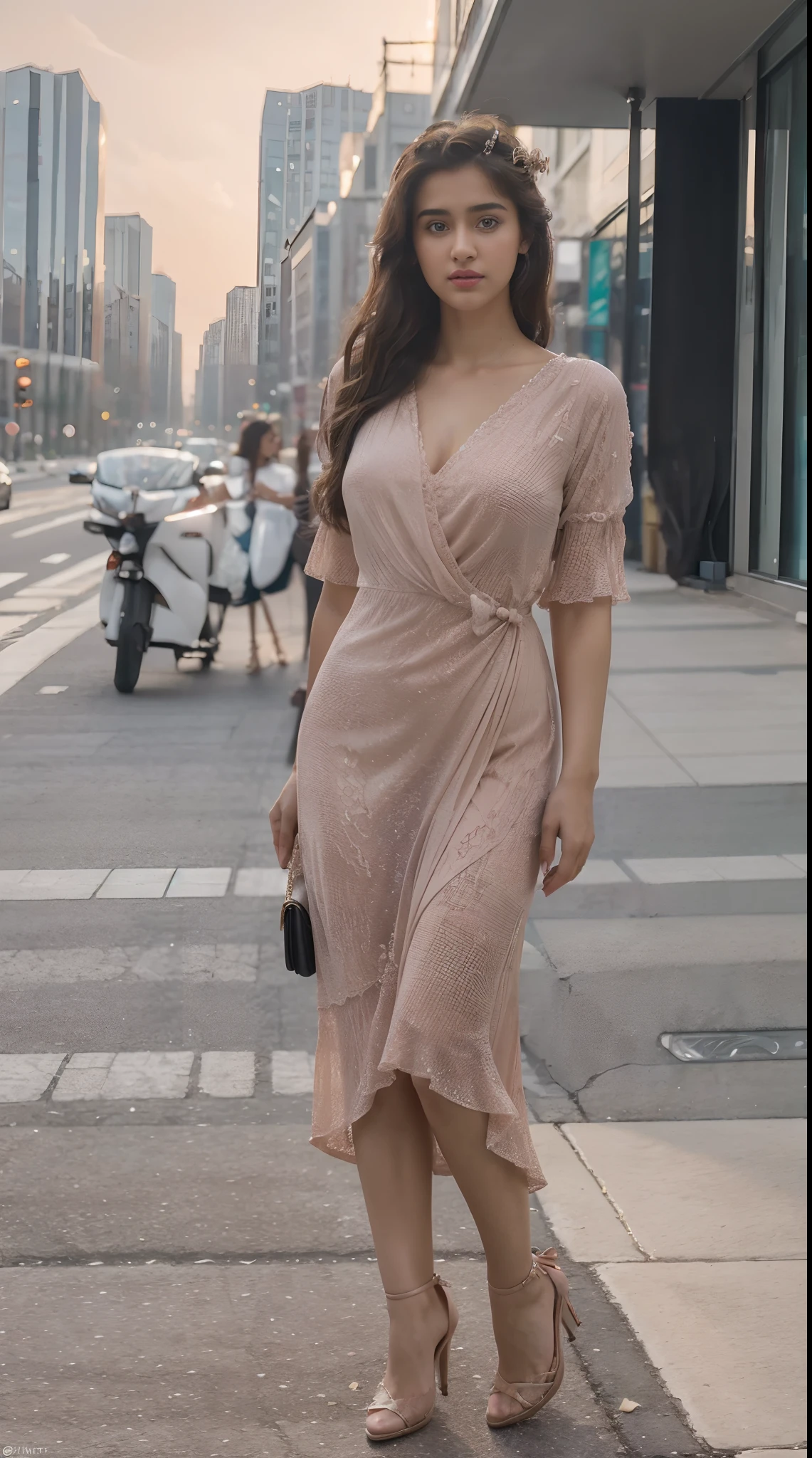 (full body shot:1.5), (Masterpiece:1.1), 1girl, solo girl, 18 year old girl, ultra realistic face, hyperrealistic, hyperdetailed, (wide angle pose standing position:0.5), (inspired by disha patani), sharpen, detailed face, detailed eyes, detailed lips, red lips, beautiful face, 16k, FHD, raw photo, cute face mesh, pretty face mesh, girl in luxury office, beautiful hair style, (fancy frock, ultra realistic, flared fancy frock, princess looking), intricate, extremely detailed, scattering surface, ultra realistic textures, realistic face, red lip, glow face, perfect figure, beautiful curved body, fit body, (fancy high heel), tied hair, fancy hair ornament, standing on street road.
