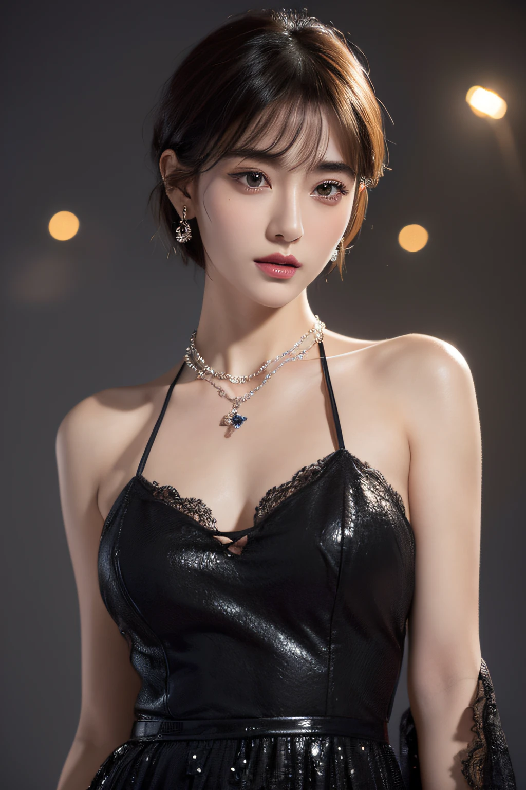 ((top-quality、8K、masterpiece:1.3))、Cinematic,1 Japan person model、Wistful expression、full body Esbian、Slim Faces、Pretty women、Light makeup,(dark brown hair,so short hair)、Very huge,see through dress、hyperdetailed face、A detailed eye、Black eyes,Elaborate necklaces,Large and elaborate earrings,blured background,cabaret club