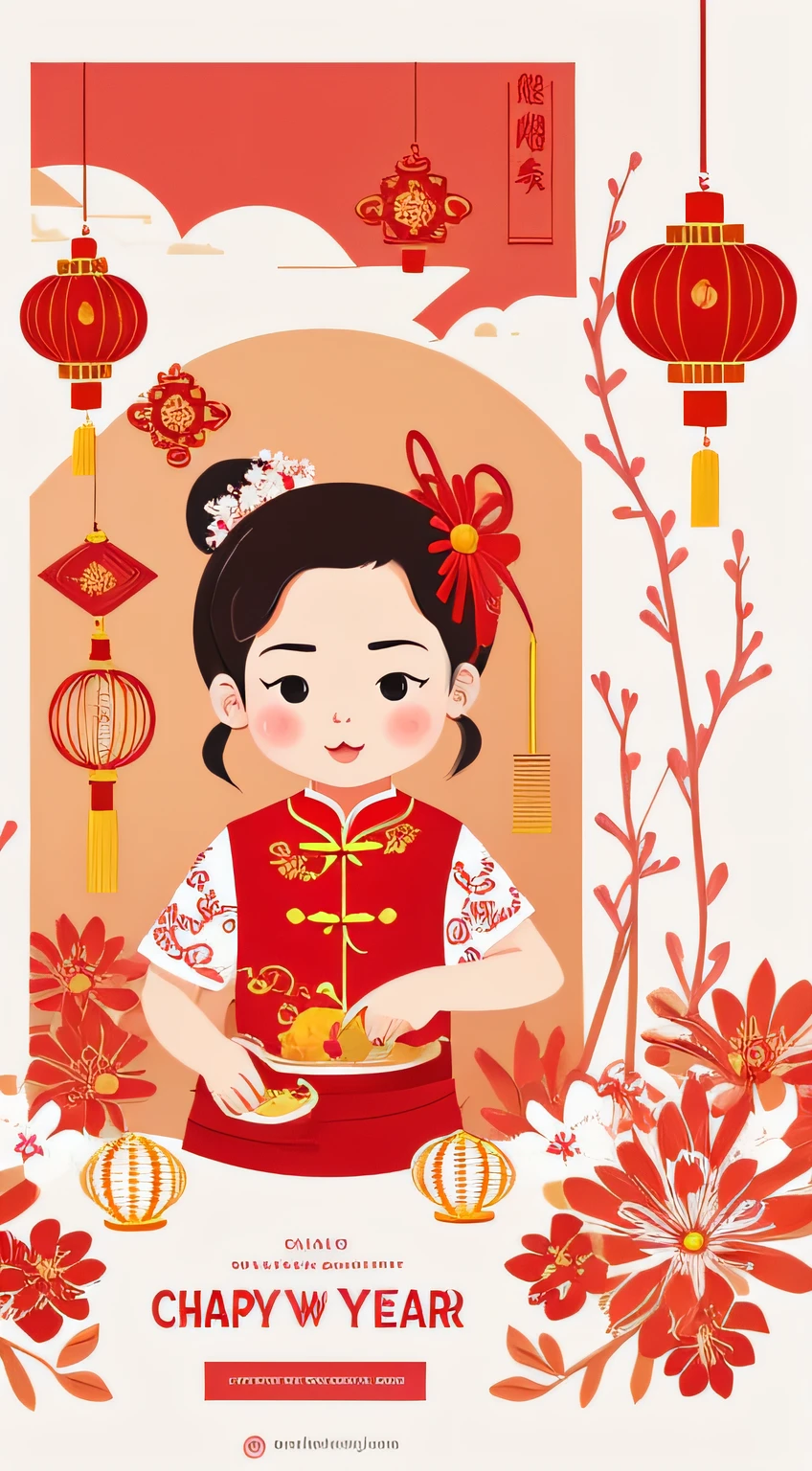 chinese new year wallpaper for instagram, in the style of charming character illustrations, light red and beige, lit kid, referential painting, cranberrycore, raw character, white background