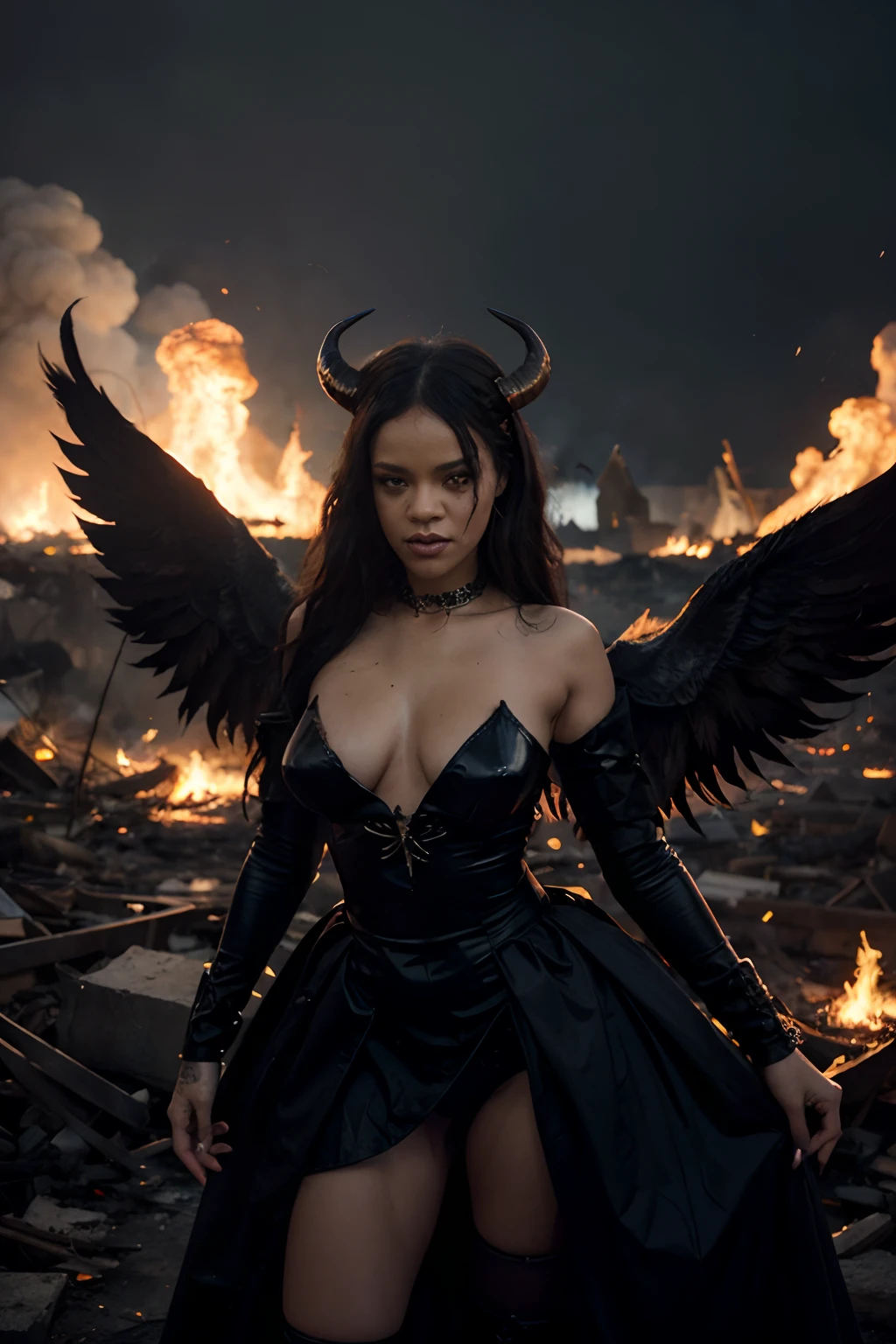 Ultra-detailed Rihanna stands atop a pile of burning ruins, Her diabolical and insidious presence radiating from her dark crown and black and red evil queen dress............................................................................................. Her demon wings on her back and demon horn give her an invincible aura as she unleashes a powerful wave of destruction with a single gesture........................................................................................................................................................................................