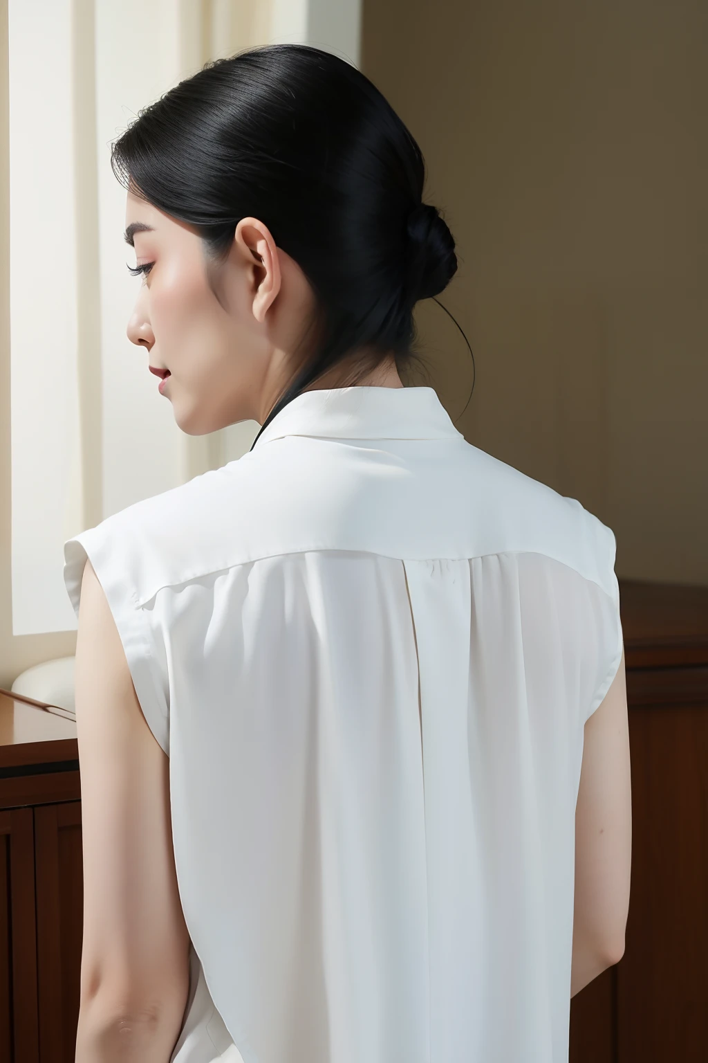 (pureerosface_v1:0.7), (8K, top-quality),Mature、Living room at home、facing back、profile、realistic black hair、Semi-long、夏天、shortsleeves、Wears a white shirt、Sleeveless、Realistic style、refinement