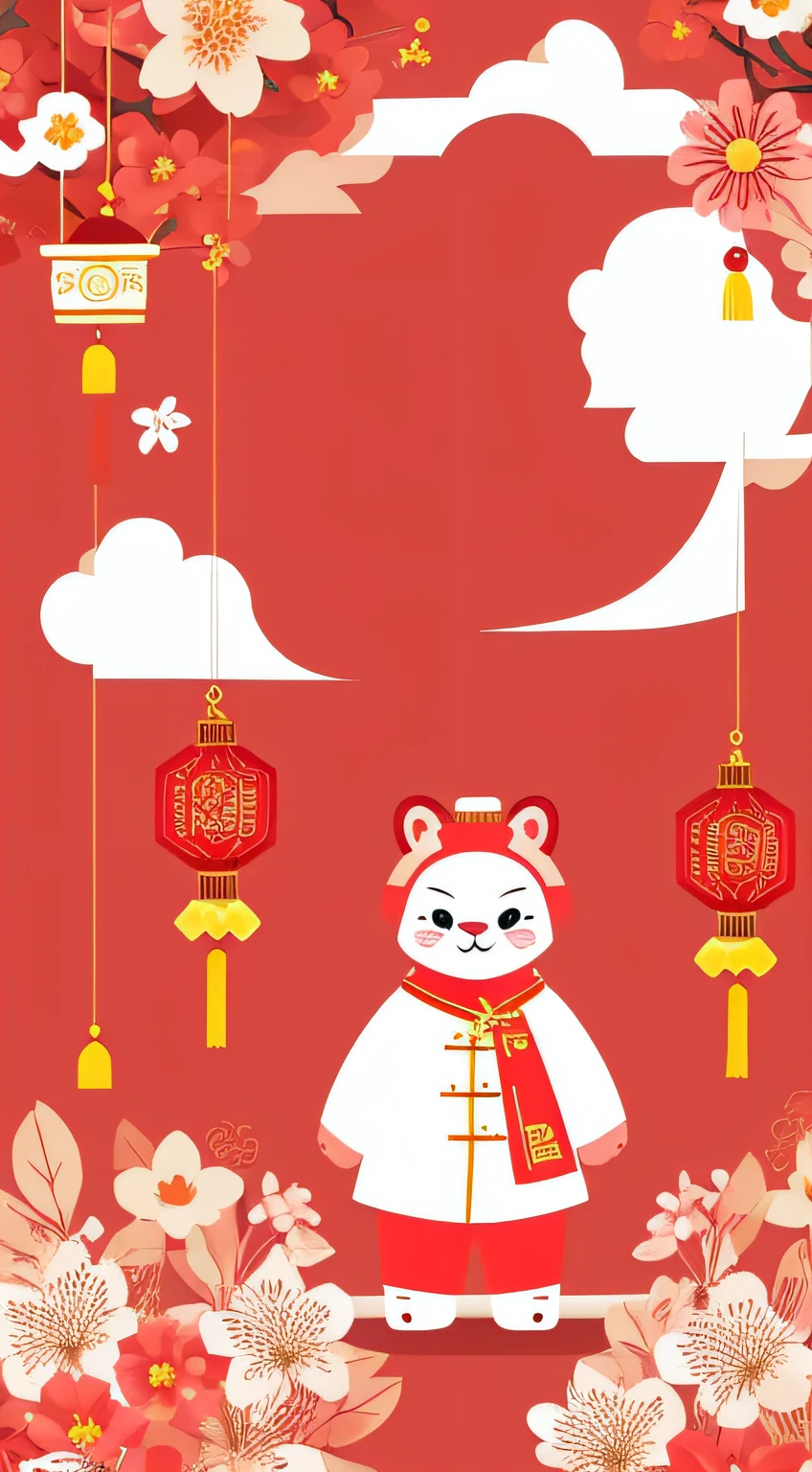 chinese new year wallpaper for instagram, in the style of charming character illustrations, light red and beige, lit kid, referential painting, cranberrycore, raw character, white background