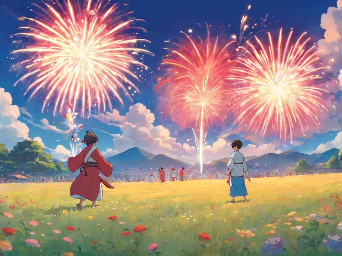 on a field,with blue sky and white clouds,A lot of people wearing Zhuang costumes,Surrounded by young red Zhuang costumed boys(Positive perspective,rejoice),The boy stood in the middle of the crowd,Jump on both feet,Grab the fireworks with your right hand held high。Grab a flower cannon in the field, Host an event,Fireworks Festival