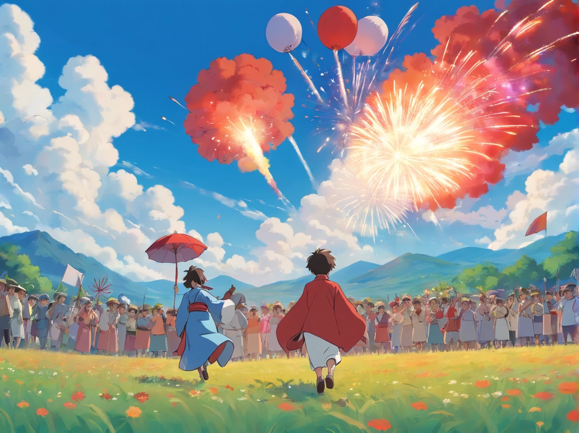 on a field，with blue sky and white clouds，A lot of people wearing Zhuang costumes，Surrounded by young red Zhuang costumed boys（Positive perspective，rejoice），The boy stood in the middle of the crowd，Jump on both feet，Grab the fireworks with your right hand held high。Grab a flower cannon in the field, Host an event，Fireworks Festival