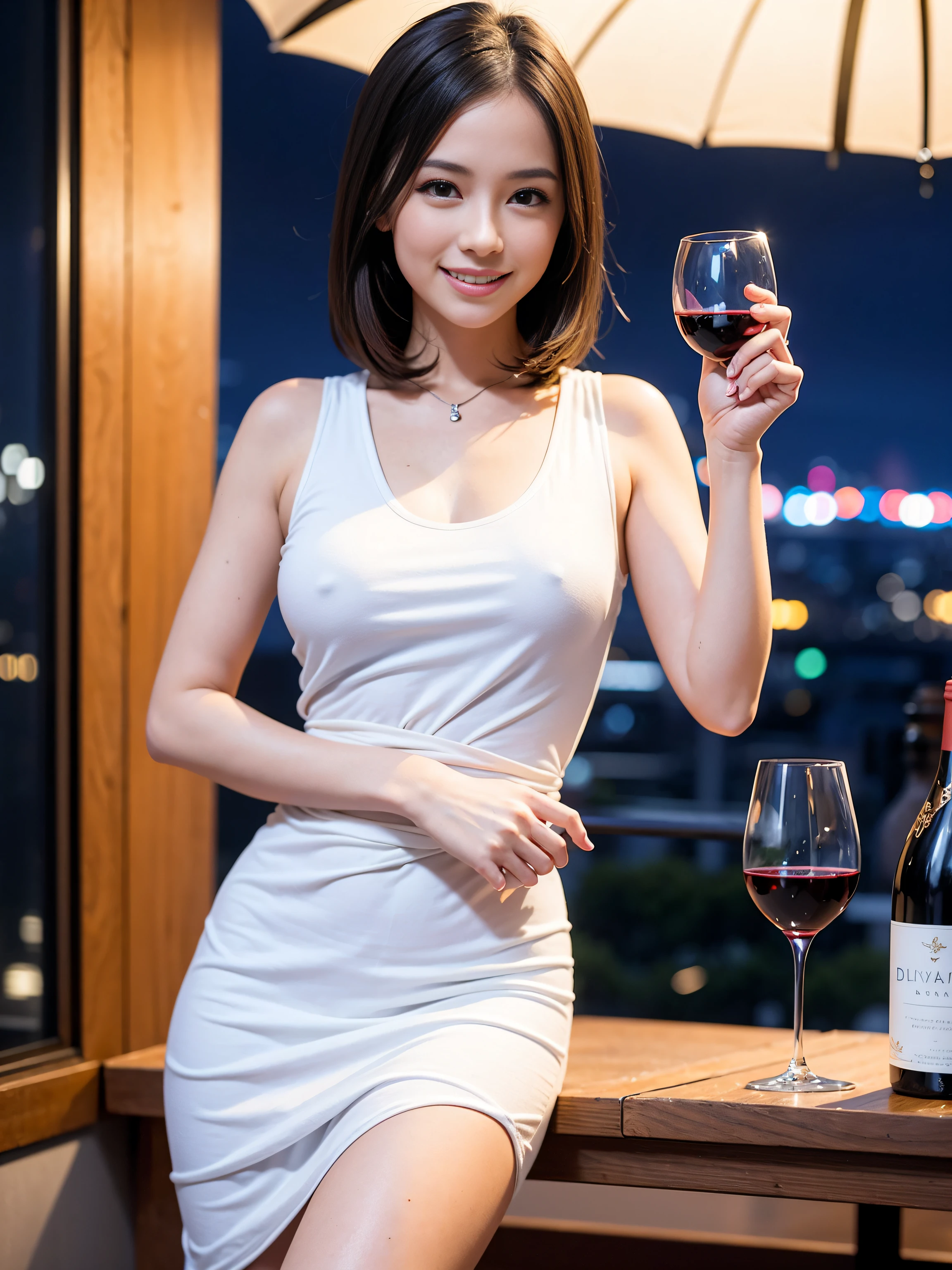 (64K, UHD, top quality, masterpiece: 1.2), (realistic, photorealistic: 1.37), super detailed, pretty woman 1 person, (slim face), (slim body), (brown hair), (short cut), cheeks slightly blushing, (44 years old), 38 years old, solo, beautiful detailed urban night view outside the window, restaurant, wine glasses sit, at night, in a prominent placeNovaFrogStyle, Actress, Model, Waist Up, White Wine, Slim, Wine Glass, Super Clean Night View, Wine Glass Put in the Middle, Happy Smile, (Smile: 1.15), Beautiful Fine Eyes, Upper Body, Bust Japan Up, Night, Short, Short, Actress, Model, Waist Up, White Wine, Slim, Wine Glass, Super Clean Night View, Wine Glass Put in the Middle, Happy Smile,