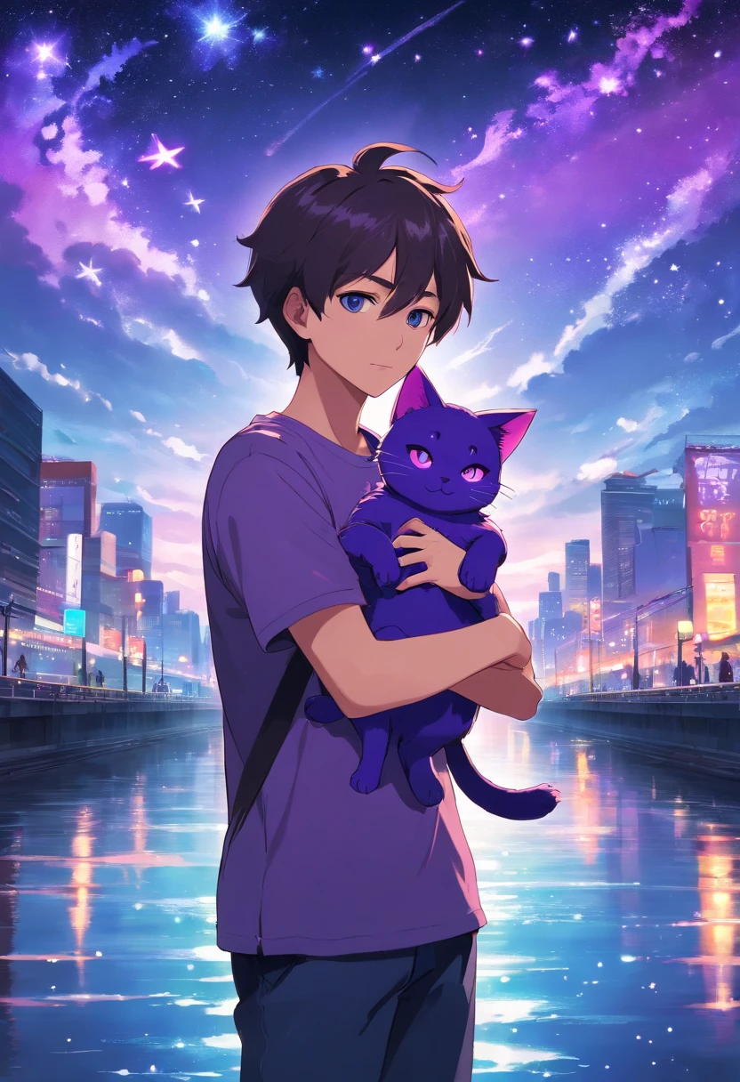 1 Man holding a purple cat-headed doll，Boy with purple cat ears，masks，The background is a river of bright stars, wearing a black t-shirt