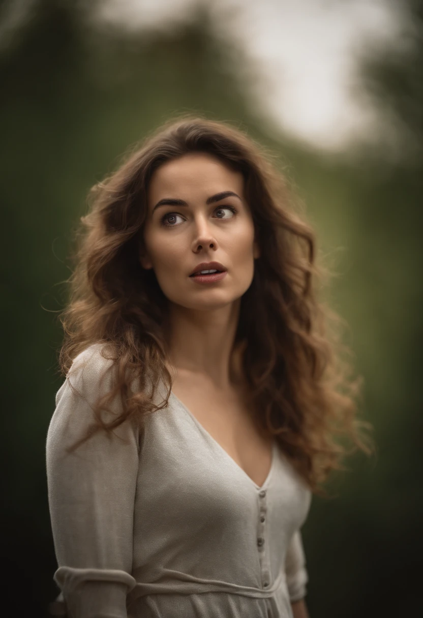 Young petite woman looks horrified and has a surprised expression on her face. Nach dem Aufwachen bemerkt sie, that her  have become enormously large overnight. Her whole body can be seen.