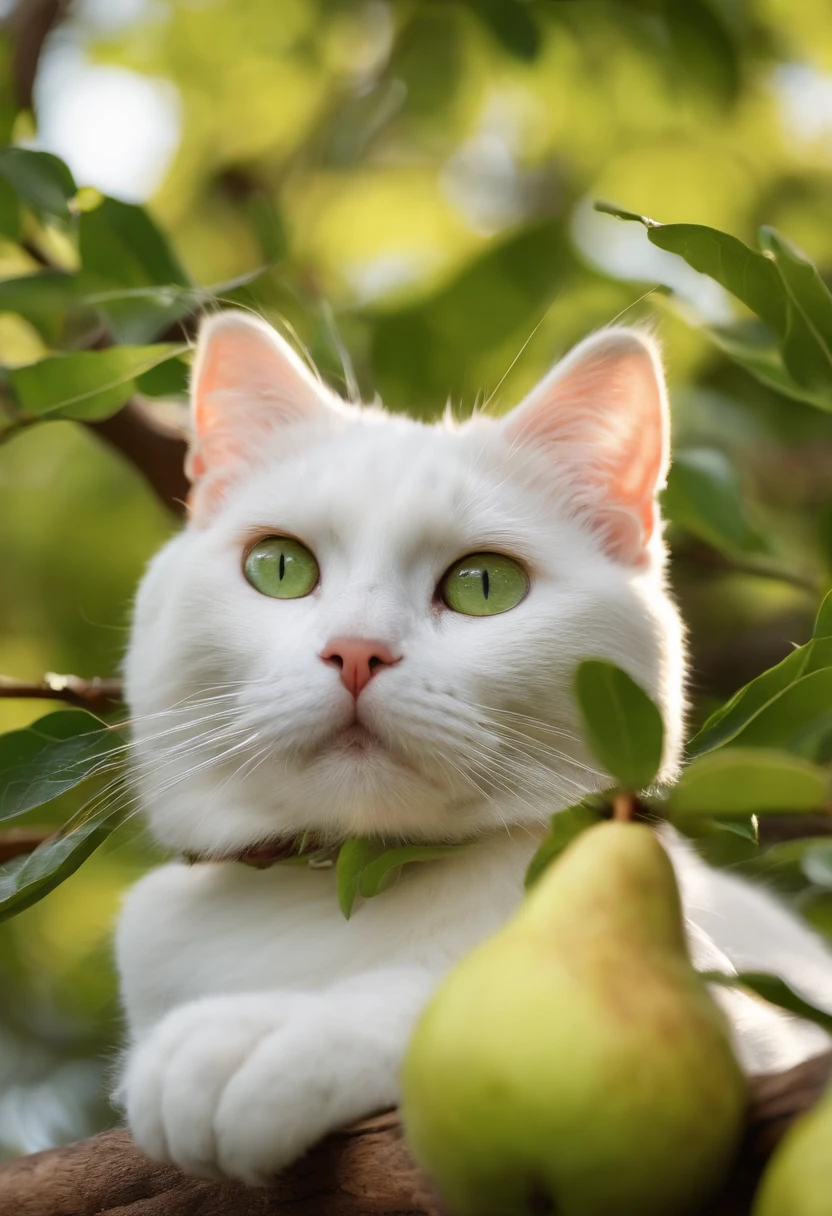 Cute white cat lying on a pear tree,Next to it is a green pear,k hd,and the sun was shining brightly,Bright colors,freshen,夏天