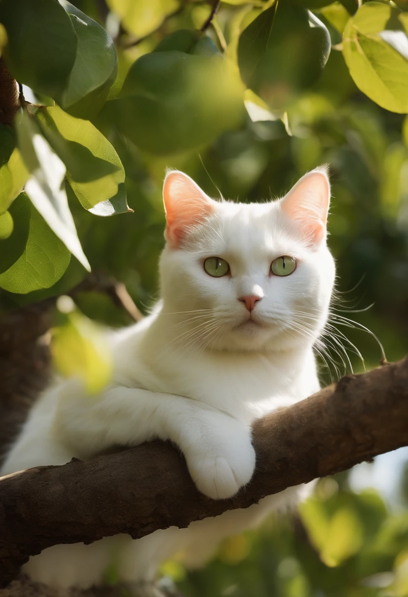 Cute white cat lying on a pear tree，Next to it is a green pear，k hd，and the sun was shining brightly，Bright colors，freshen，夏天