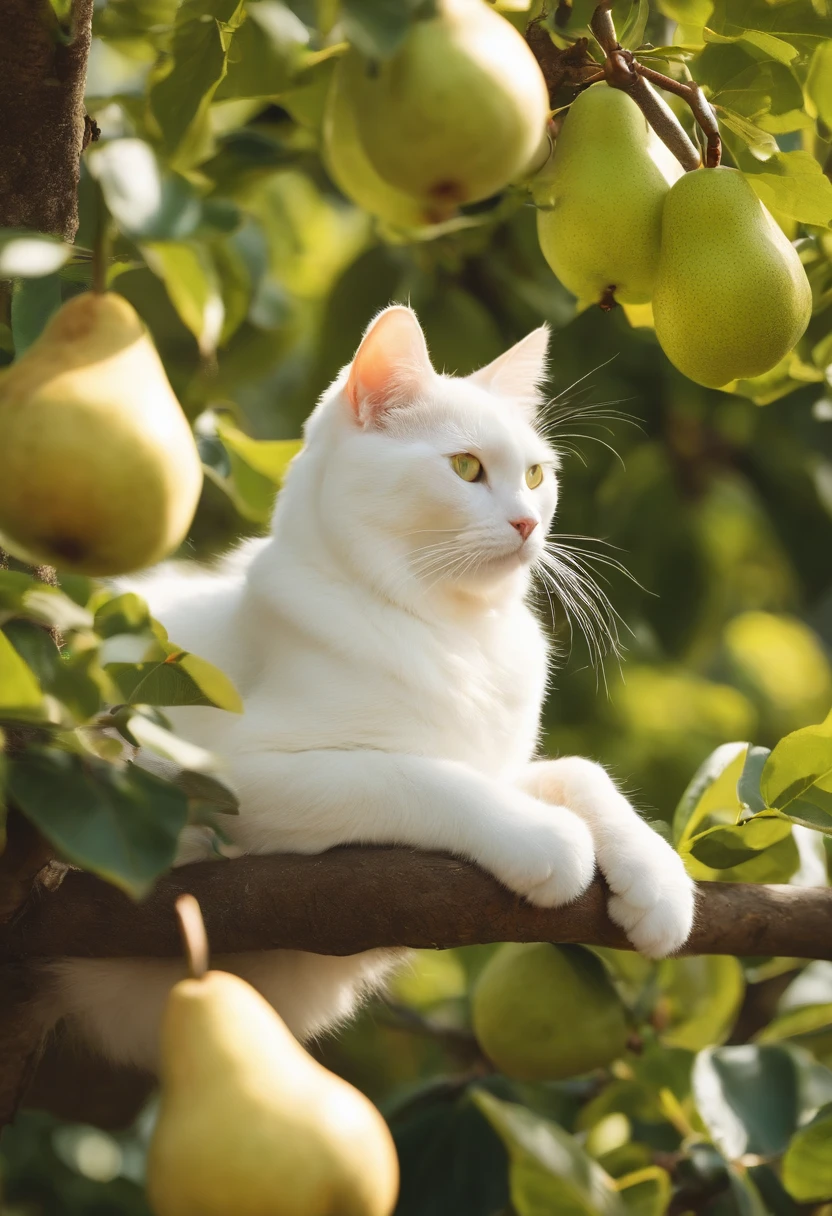 Cute white cat lying on a pear tree,Next to it is a green pear,k hd,and the sun was shining brightly,Bright colors,freshen,夏天
