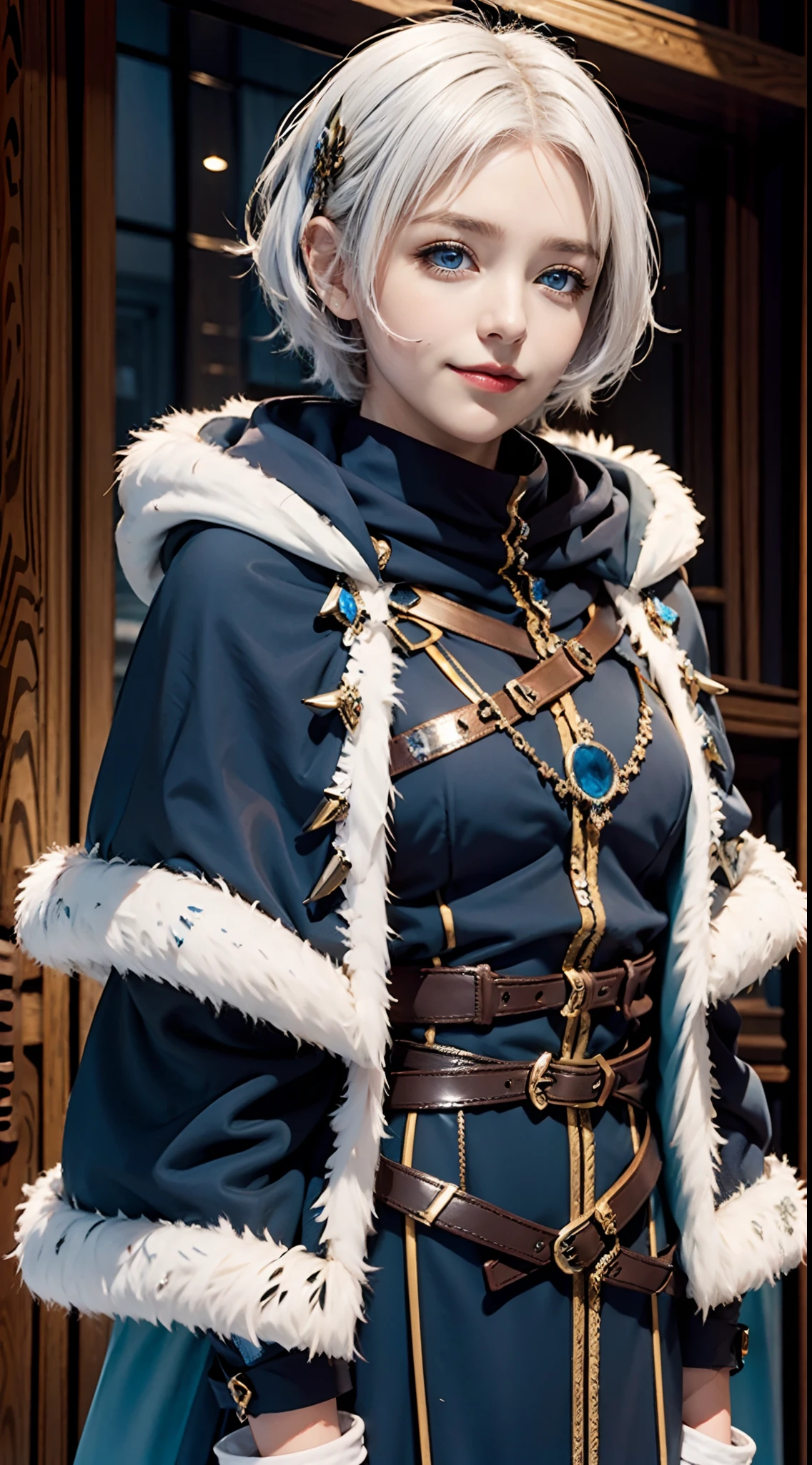 meteora osterreich,1girl, blue eyes, smile, short hair, fur trim, hood, jewelry,capelet,white hair