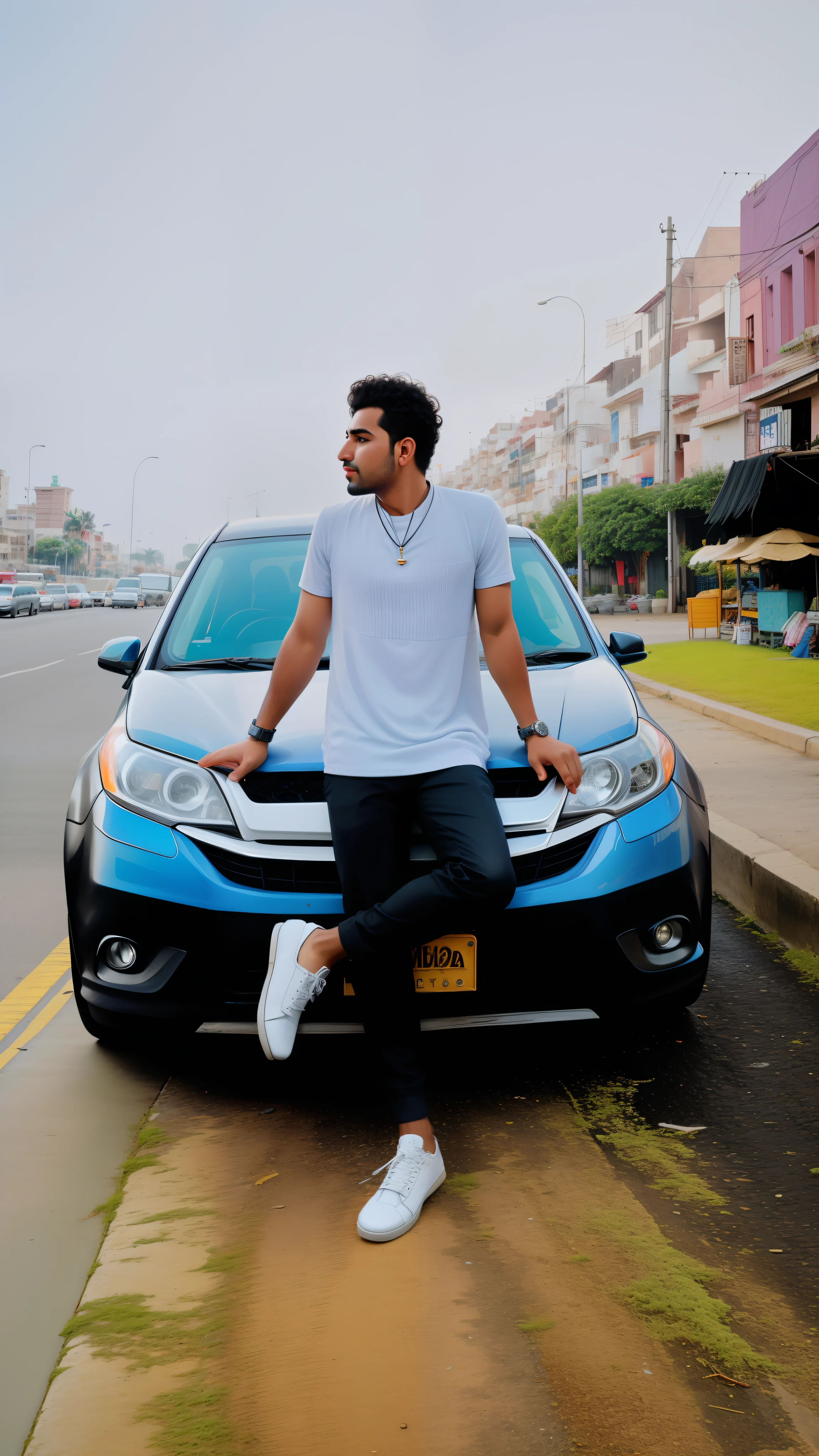 arafed man sitting on the hood of a car on a city street, taken with sony alpha 9, kyza saleem, # myportfolio, handsome man, album photo, high quality picture, shot on sony a 7, very very low quality picture, mohamed chahin style, stylish pose, full body photogenic shot, postprocessed