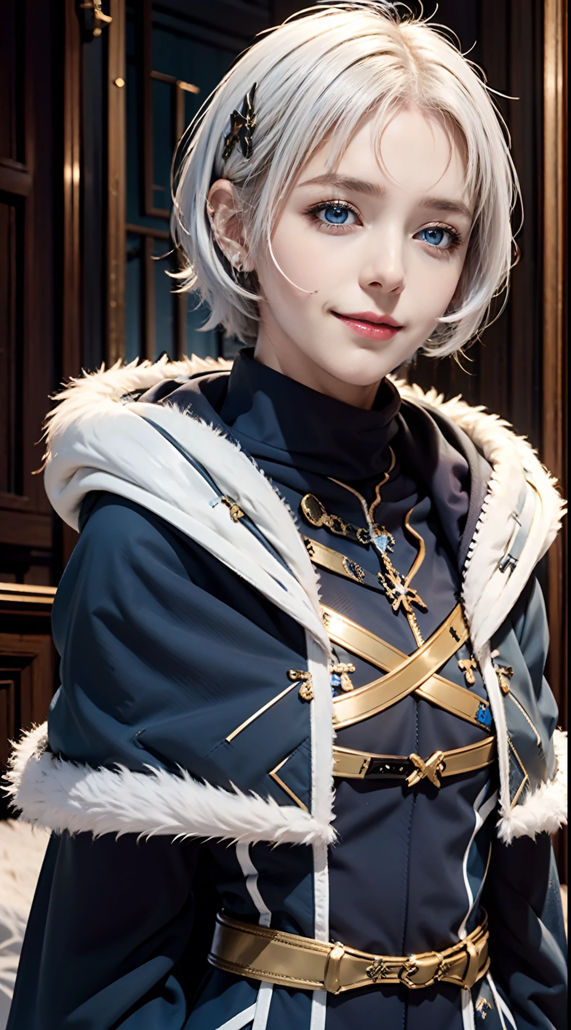 meteora osterreich,1girl, blue eyes, smile, short hair, fur trim, hood, jewelry,capelet,white hair